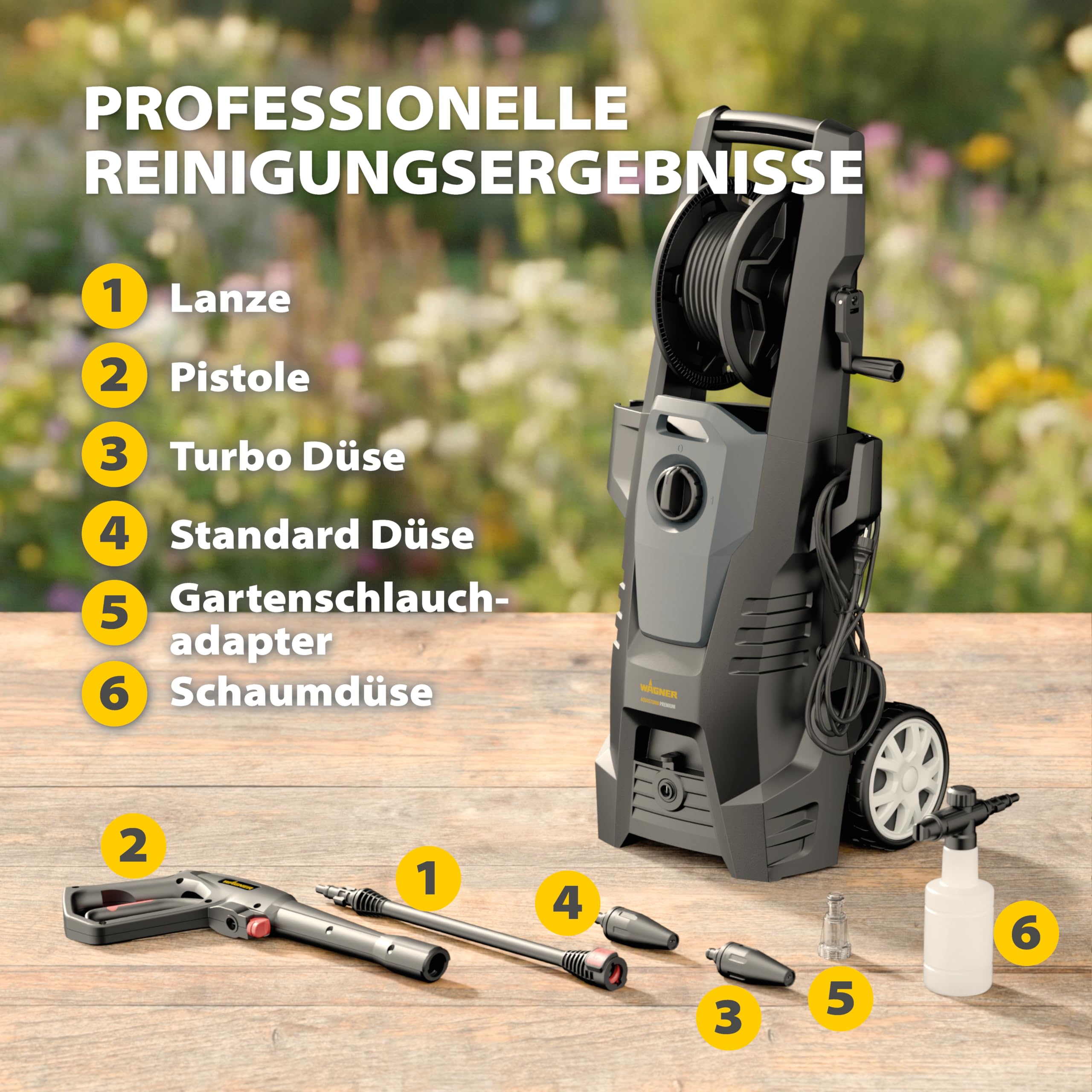 WAGNER AQUASTORM Premium - Leistungsstarker Hochdruckreiniger für professionelle Ergebnisse und anspruchsvolle Reinigungsaufgaben, inkl. Standard-, Turbo- und Schaumdüse
