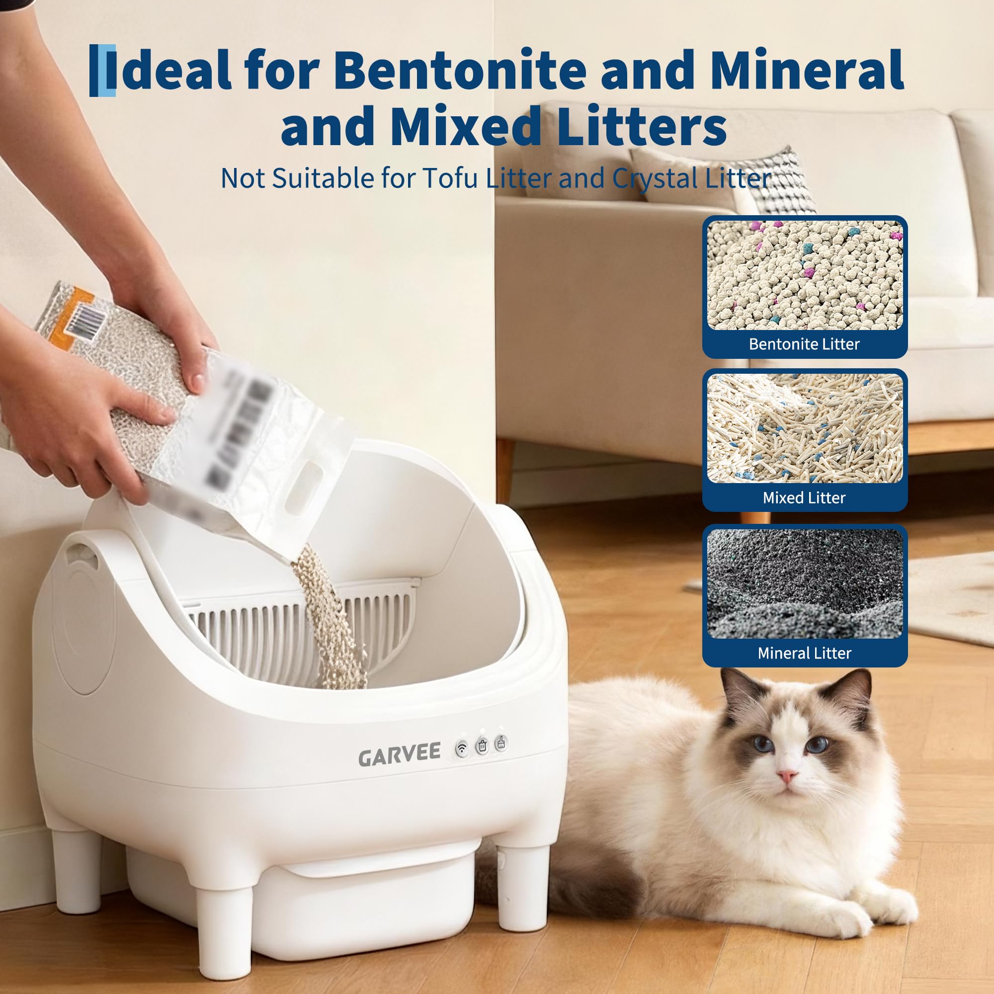 Self Cleaning Litter Box, Automatic Cat Litter Box with APP Control, Odor-Free Waste Disposal Includes Trash Bags, Large Waste Bin, Open-Top, for Multiple Cats, White - image 6