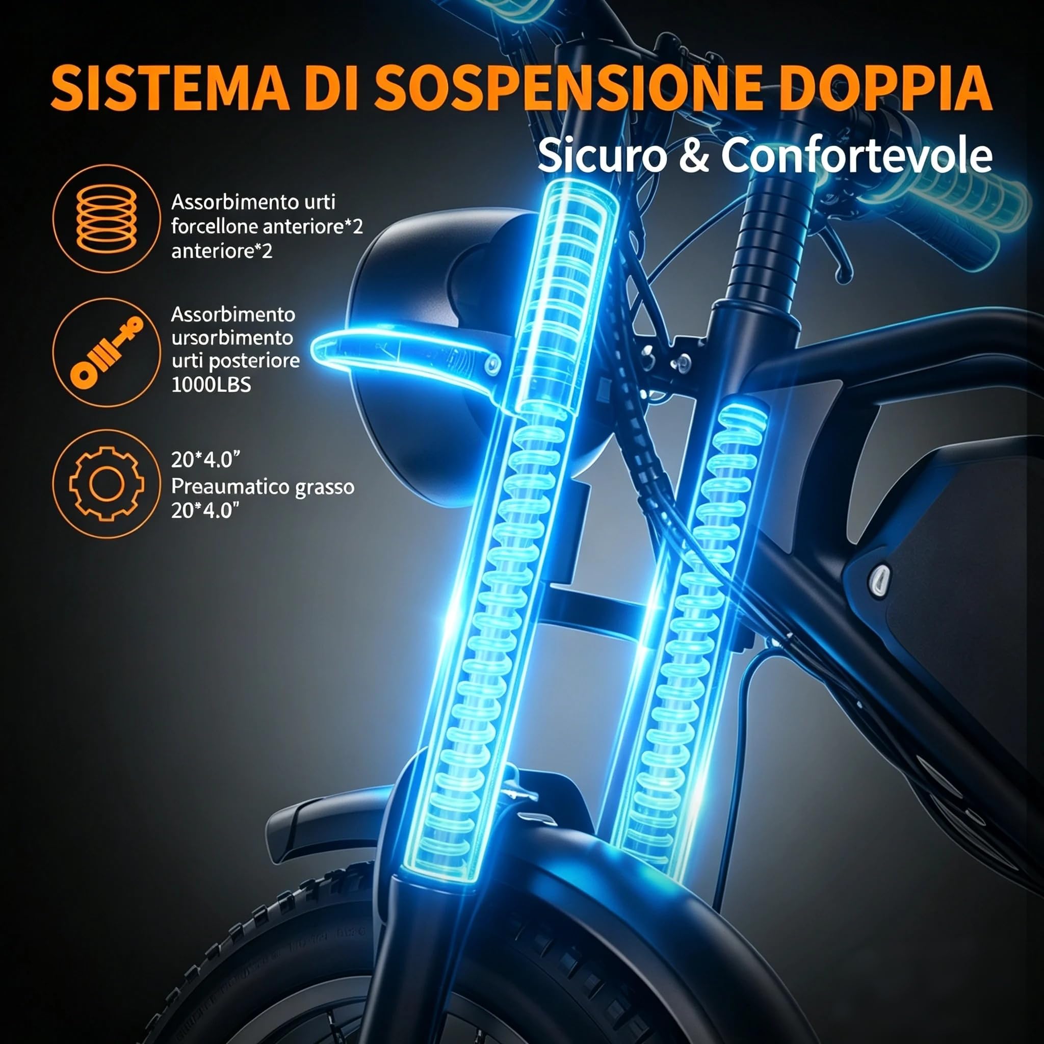 La bici elettrica DK400Max è dotata di due motori, una batteria rimovibile da 48 V 20Ah e pneumatici fuoristrada a sospensione completa da 20×4 pollici, che la rendono adatta a tutti i tipi di terr