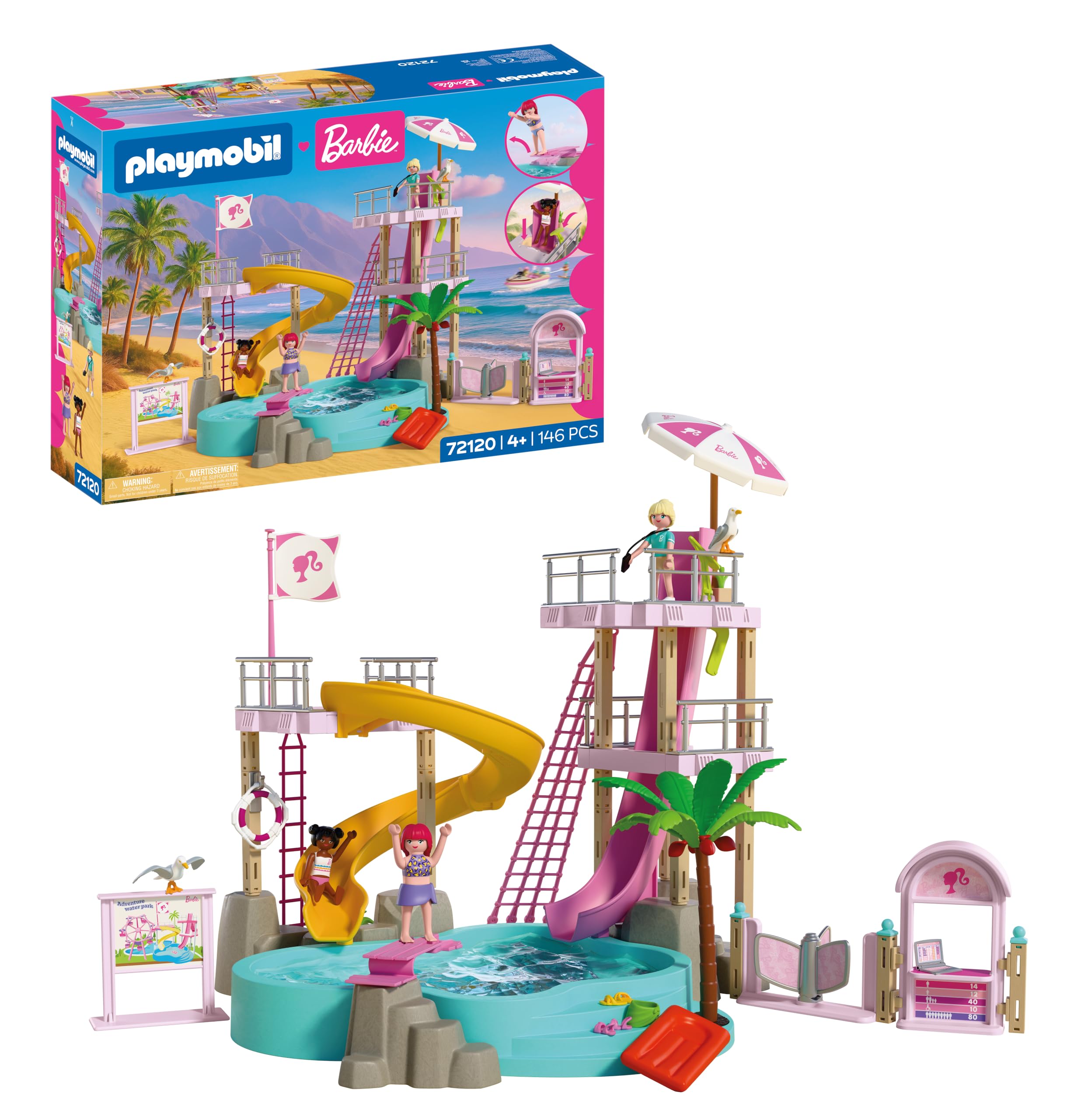 Playmobil, Barbie, Parc Aquatique, Aventures d’été avec Barbie, Nikki et Daisy, Grand Parc Aquatique remplissable avec de l’Eau réelle, Rêves d’été à Malibu pour Enfants à partir de 4 Ans, 72120