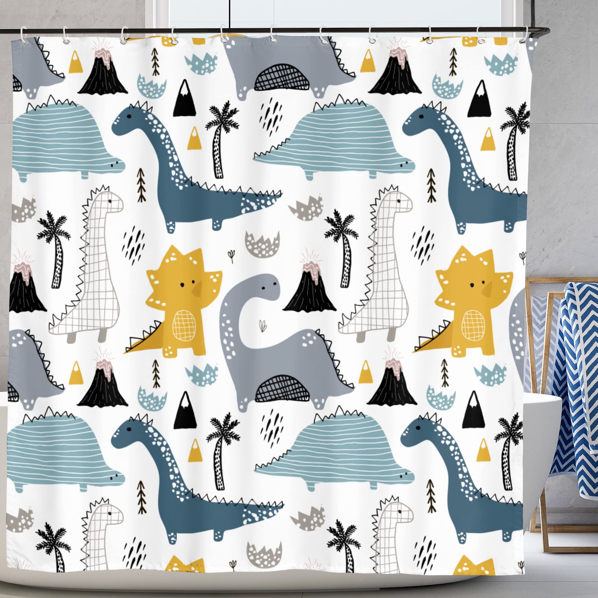 Dinosaur Shower Curtain Funny Animal Graffiti Dino Shower Curtains Cute Children Kids Shower Curtain Durable for Bathroom Cartoon Home Decor Polyester 72"X72" with 12 Plastic Shower Hooks White