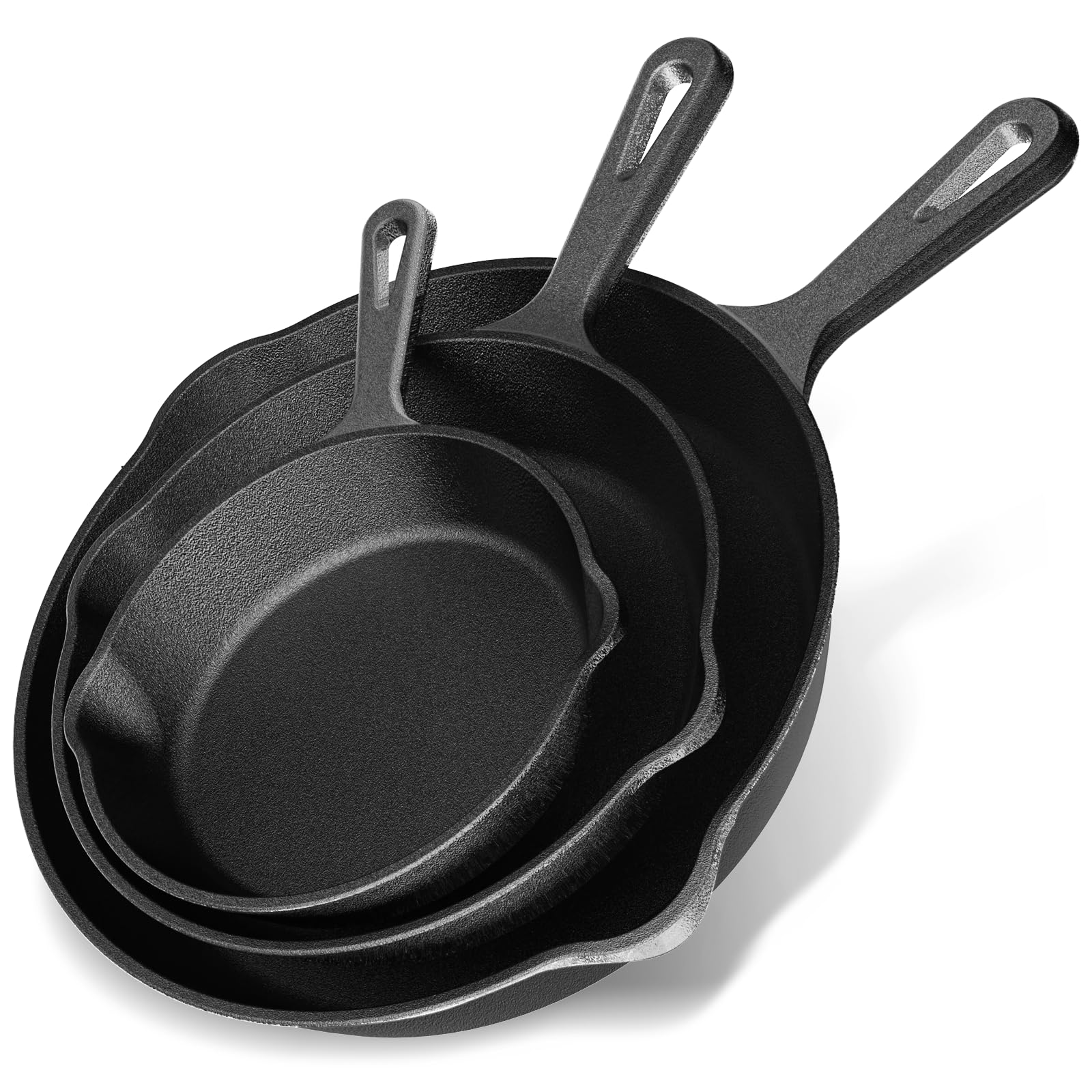 YASHE Ensemble de 3 poêles en fonte, poêles à frire robustes et durables, à culotter avant usage, compatibles tous feux dont induction, tailles 16 cm, 20 cm et 26 cm, Noir