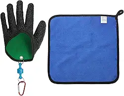 Luvas de pesca com liberação magnética, luvas profissionais de pescador, antiderrapante, resistente a perfurações, filete, com toalha para limpeza das mãos, preta (esquerda)