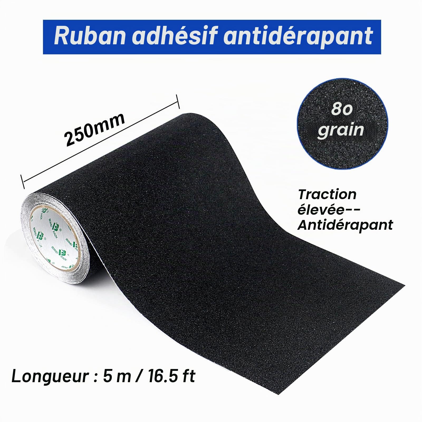 BOMEI PACK 250 mm x 5 m Noir Antidérapant Escalier Skateboard Griptape adhésif, Cordon de traction solide, Niveau de sécurité antidérapant pour l'intérieur et l'extérieur