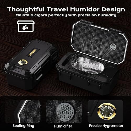 Miniatura 3 de Juego de caja de humidor de cigarros de viaje con cenicero, encendedor de antorcha de puros, cortador en V integrado, punzón y soporte y herramienta