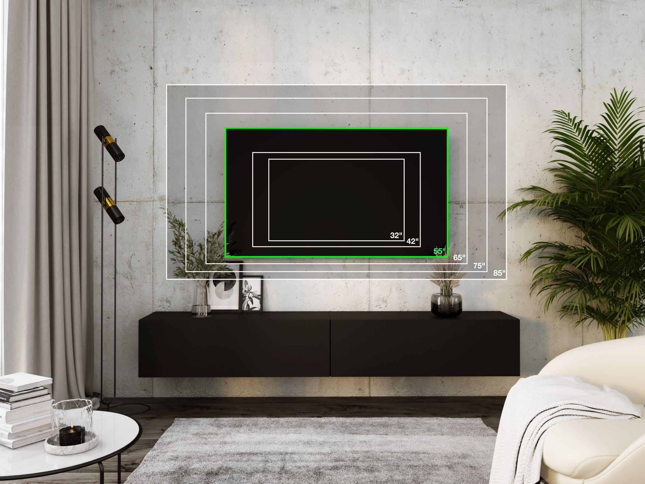 3E 3xE living.com Hängendes TV- Schrank - Modernes Design A: B: 2 x 100 cm, H: 34 cm, T: 32 cm, Schwarz Matt