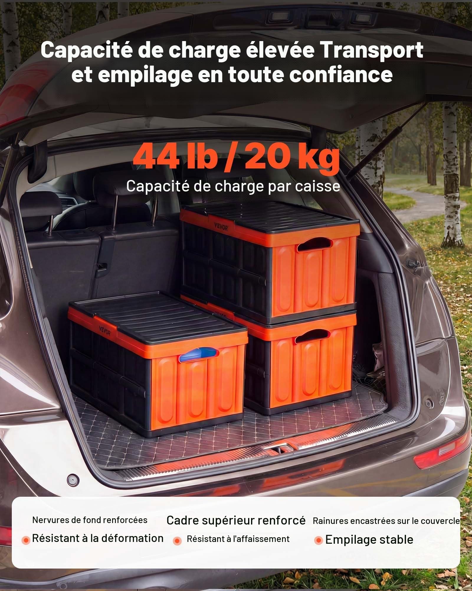 VEVOR Caisse Plastique Pliable avec Couvercle 45 L, Lot de 3, Bac de Rangement Pliable et Empilable avec Poignées, Charge Max. 20 kg par Caisse pour Maison, Camping, Voiture et Courses, Noir et Orange