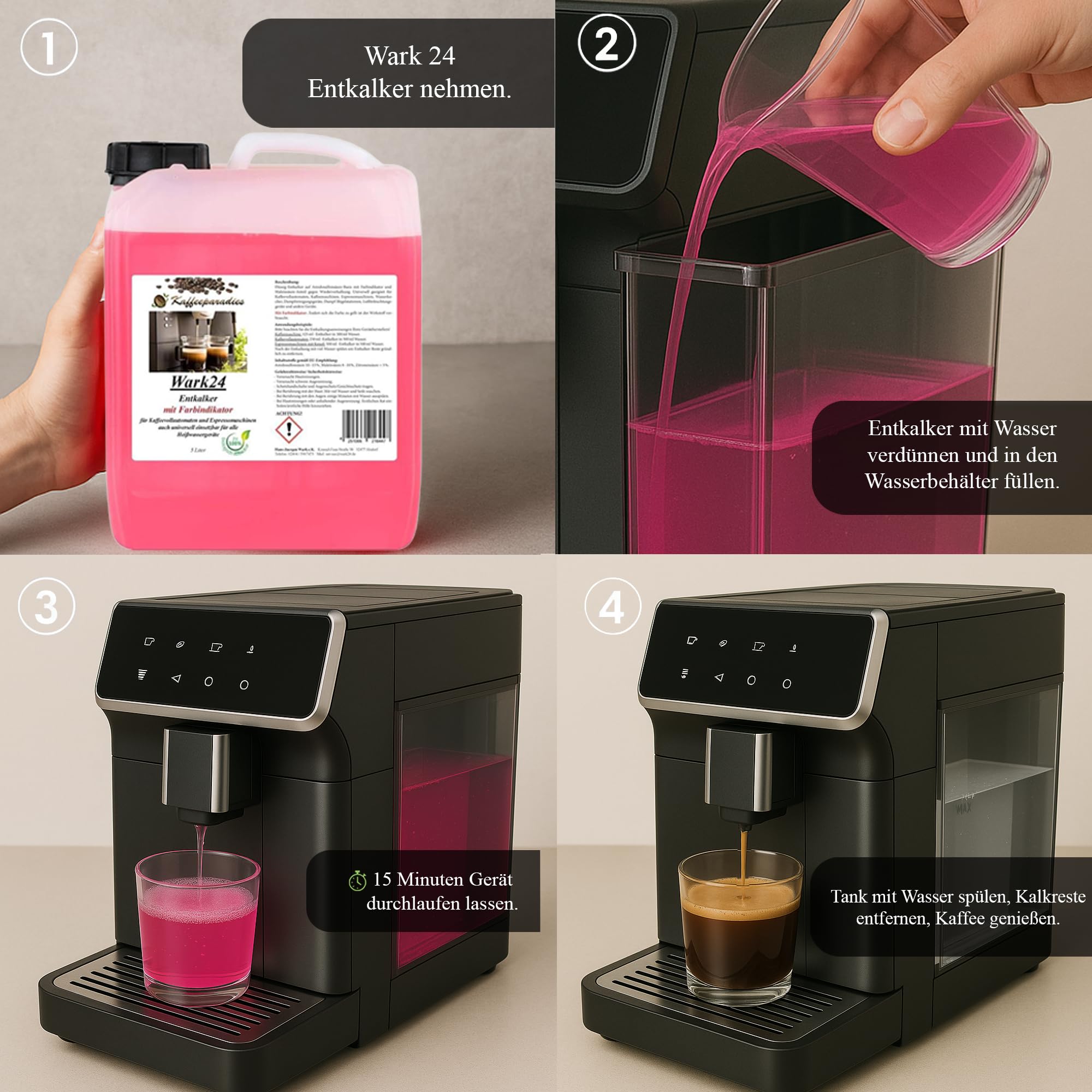 Flüssigentkalker 3x 5 L mit Farbindikator, Universal-Entkalker & schonender Kalklöser für Kaffeemaschinen, Wasserkocher & Haushaltsgeräte, biologisch abbaubar