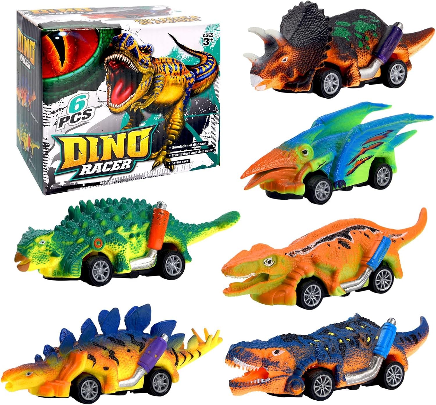 LONANDY Dinosaurio Juguetes para Niños, 6 Piezas Carritos Juguetes para Niño, Juguete de Dinosaurios Deslizantes, Carro de Dinosaurio Regalos para Niños y Niñas de 2 3 4 5 6 7 Años