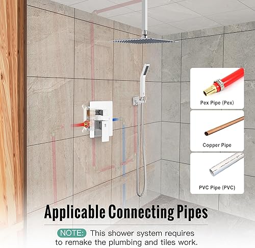 Miniatura 50 de SR SUN RISE Sistema de ducha montado en el techo de 12 pulgadas, mezclador de lluvia, sistema de cabezal de ducha de lluvia, dorado cepillado, Oro