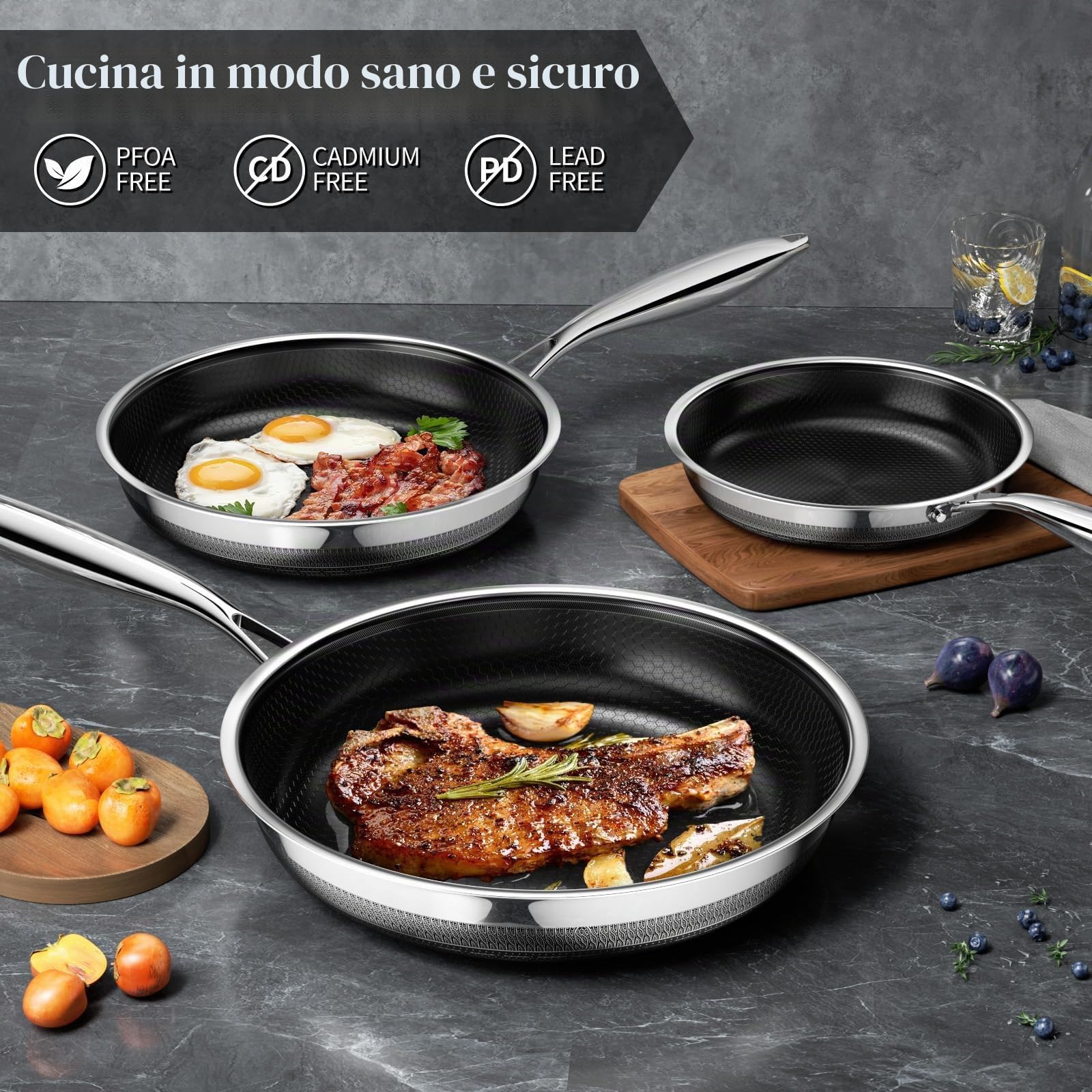 Innerwell Set di padelle Antiaderente 20 24 28 cm, 3 Pezzi Padella Acciaio Inox Induzione, Rivestimento a nido d'ape antigraffio, Padelle Adatte Per Forno, Universali Pentole, Senza PFOA
