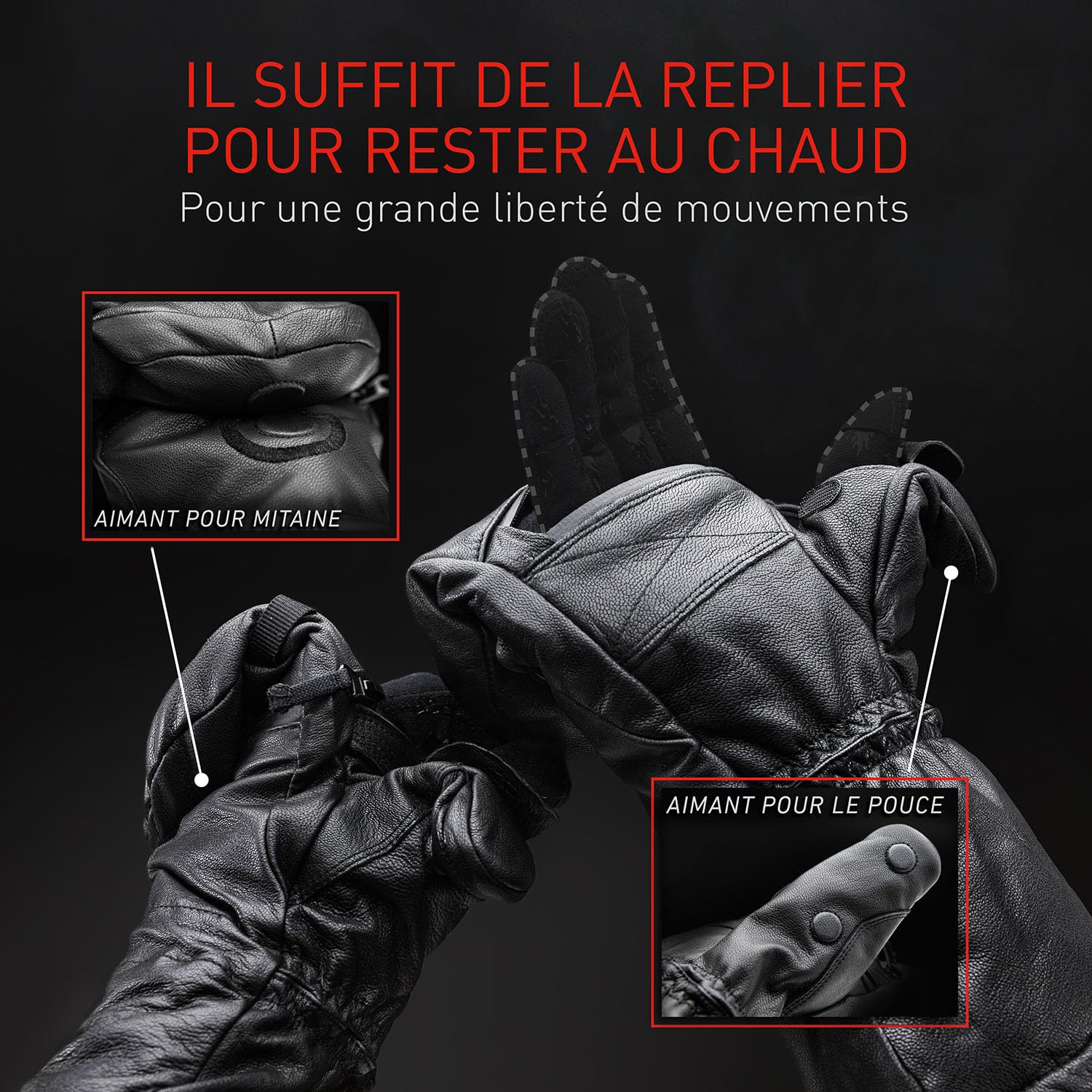 THE HEAT COMPANY Shell Full Leather Moufles - L'innovation des Gants - Gants Cuir dépliables - Gants Hiver Extra Chauds - Gants tactiles - Gants de Ski pour Homme & Femme - sans sous-Gant