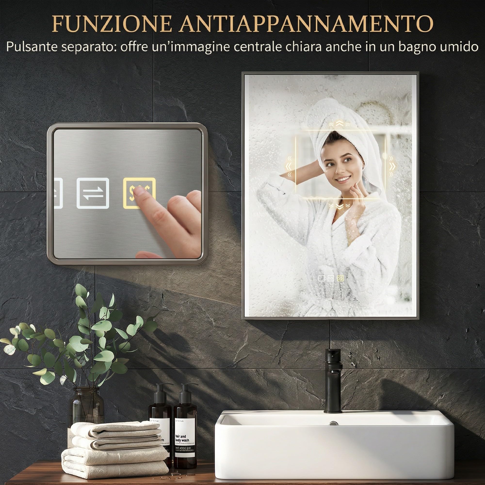 HOMCOM Specchio Bagno con Luce LED a 3 Colori 70x50 cm Antiappannamento | Specchio da Parete, Vetro Temperato Reversibile, Luminosità Regolabile, Funzione Memoria, Interruttori Touch, IP44