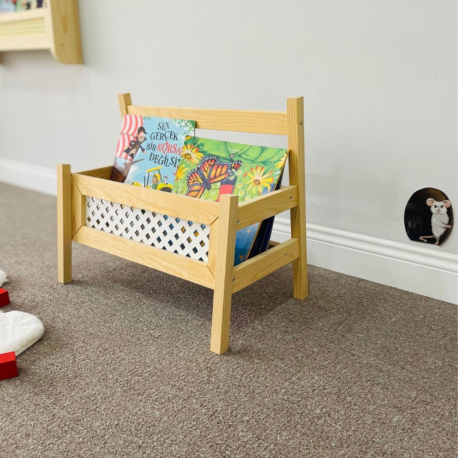 Kid’s Montessori Bookcase Rattan Handmade Pine Solid Wood Boho Design for Toddler, Nursery Front Facing Book Organizer, Solid-Wood Pine Tree Kids Room Furniture Book Holder