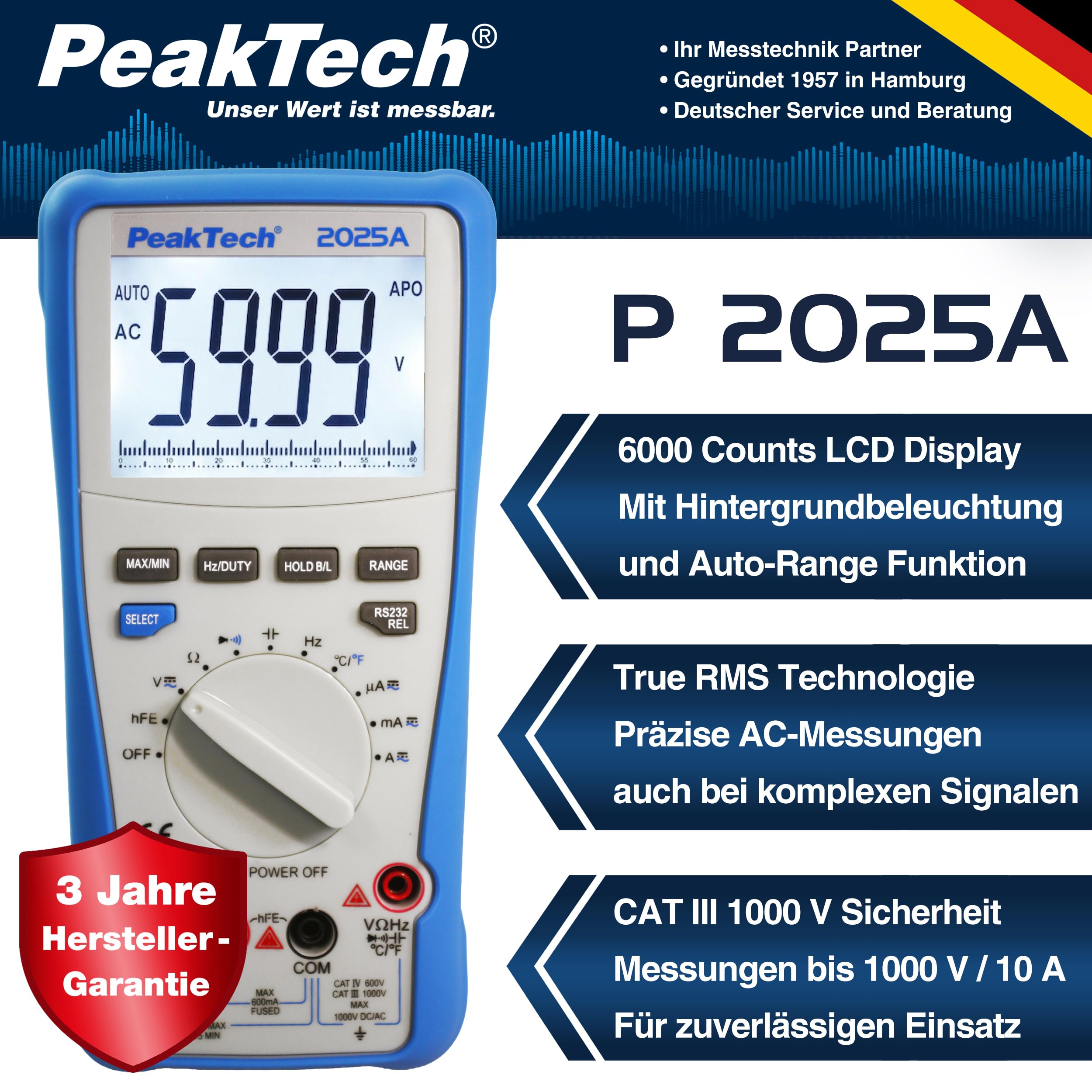 PeakTech P 2025 A True RMS 1000 V multimetr cyfrowy 6000 zliczeń USB