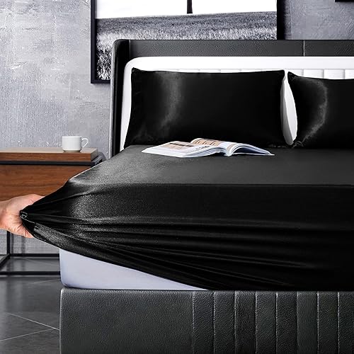 Miniatura 8 de Manyshofu Juego de sábanas de satén negro de 7 piezas, tamaño King, juego de sábanas de satén sedoso lujoso y suave, 1 sábana bajera de satén, 1