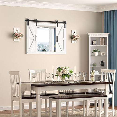 Miniatura 3 de COGOOD Espejo de pared con marco de madera rústica de 37 x 26 pulgadas, para baño, sala de estar, entrada, decoración de pared, color blanco