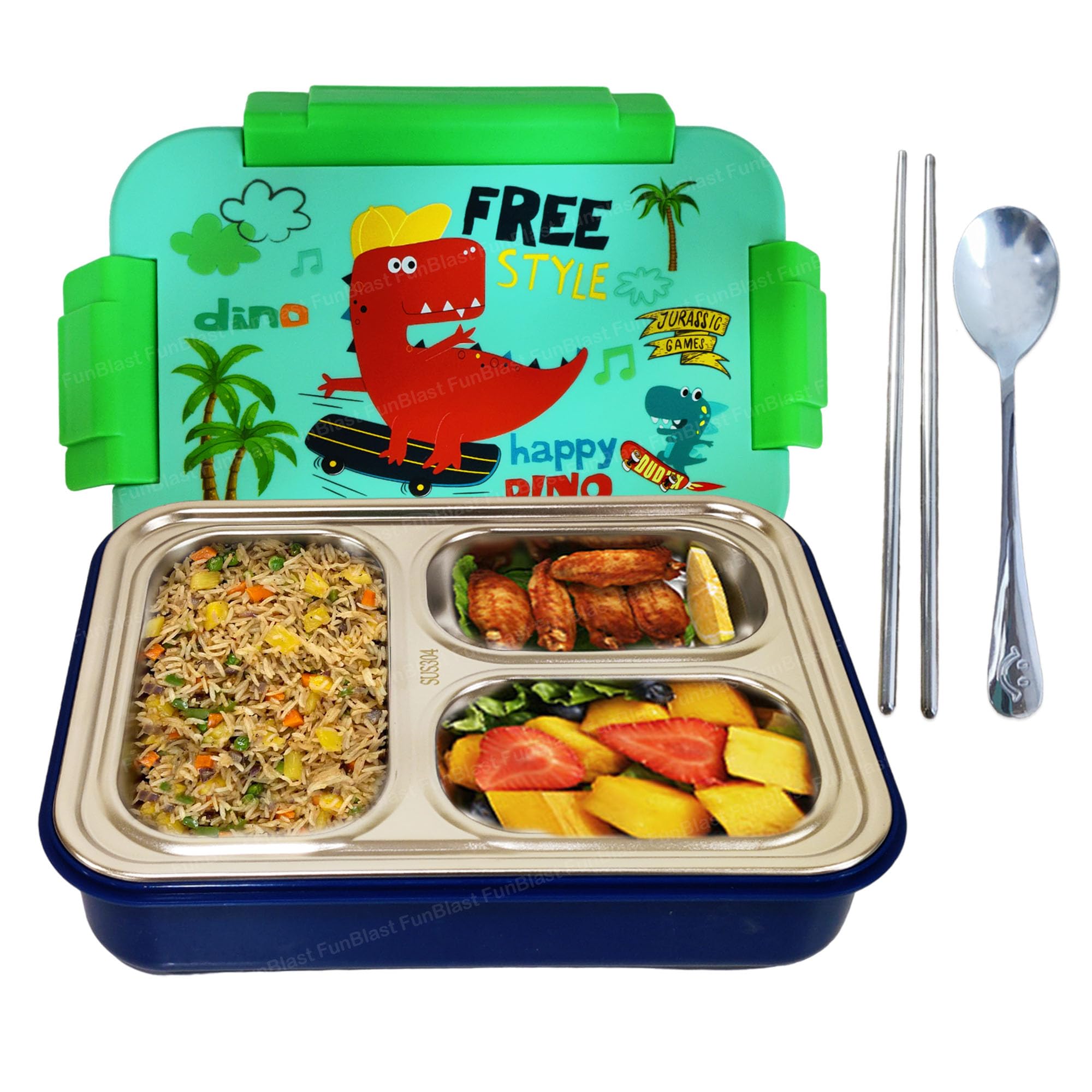 FunBlast Lunch Box for Kids – Stainless Steel Lunch Box, Tiffin Box for Kids, Insulated Bento Lunch Box, Lunch Box with Soon & Chopstick, 3 Compartment Lunch Box, School Lunch Box – 710ML (Dino) (B0CTX9Y664) Amazon Price History, Amazon Price Tracker