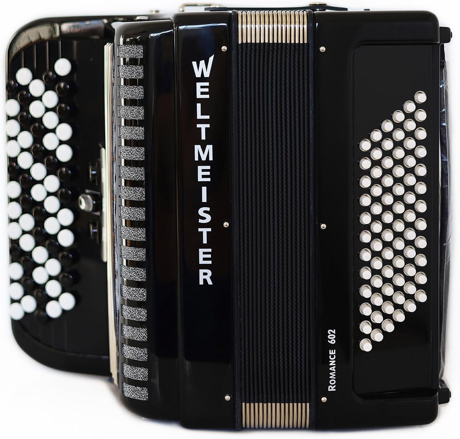 Bayan Accordion New Weltmeister Romance 602 Button Accordion, made in Germany, 72 Bass buttons, Lightweight Accordion B-Griff, Black, Original New Straps and Hard Case, Item Location USA