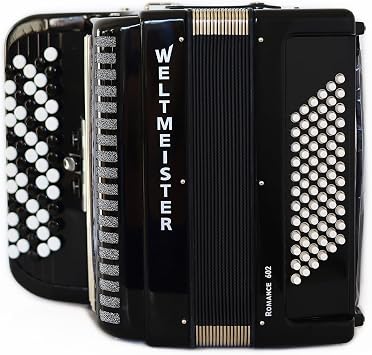 Bayan Accordion New Weltmeister Romance 602 Button Accordion, made in Germany, 72 Bass buttons, Lightweight Accordion B-Griff, Black, Original New Straps and Hard Case, Item Location USA