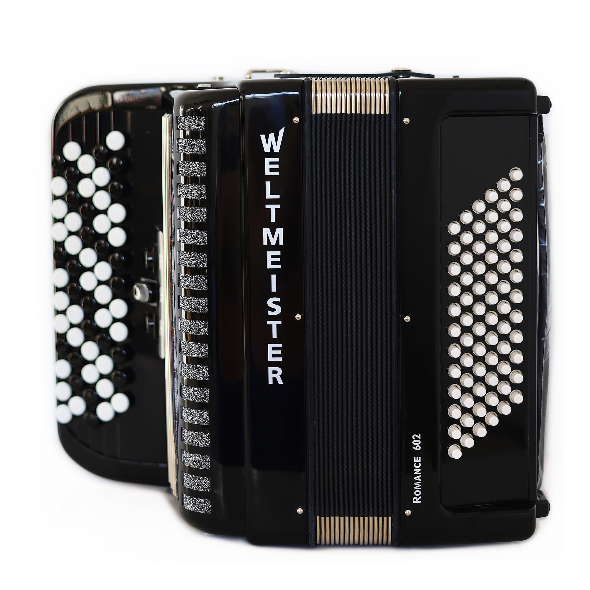 Bayan Accordion New Weltmeister Romance 602 Button Accordion, made in Germany, 72 Bass buttons, Lightweight Accordion B-Griff, Black, Original New Straps and Hard Case, Item Location USA