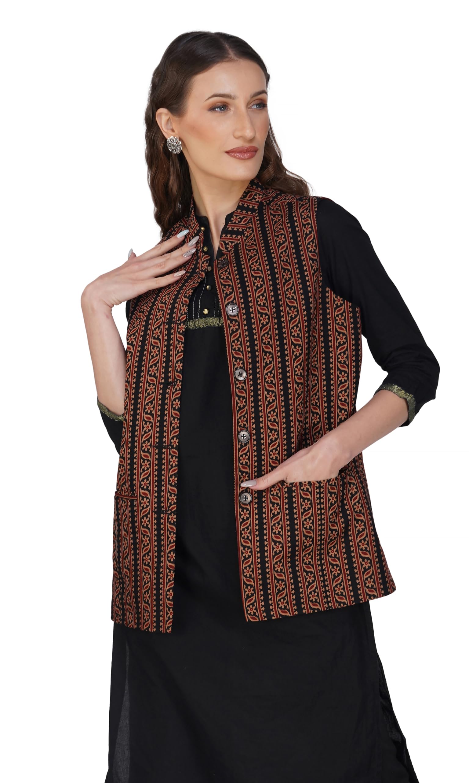 Solid Indian Traditional Ethnic Waistcoat Festive Woolen Nehru Jacket for Women-image-39