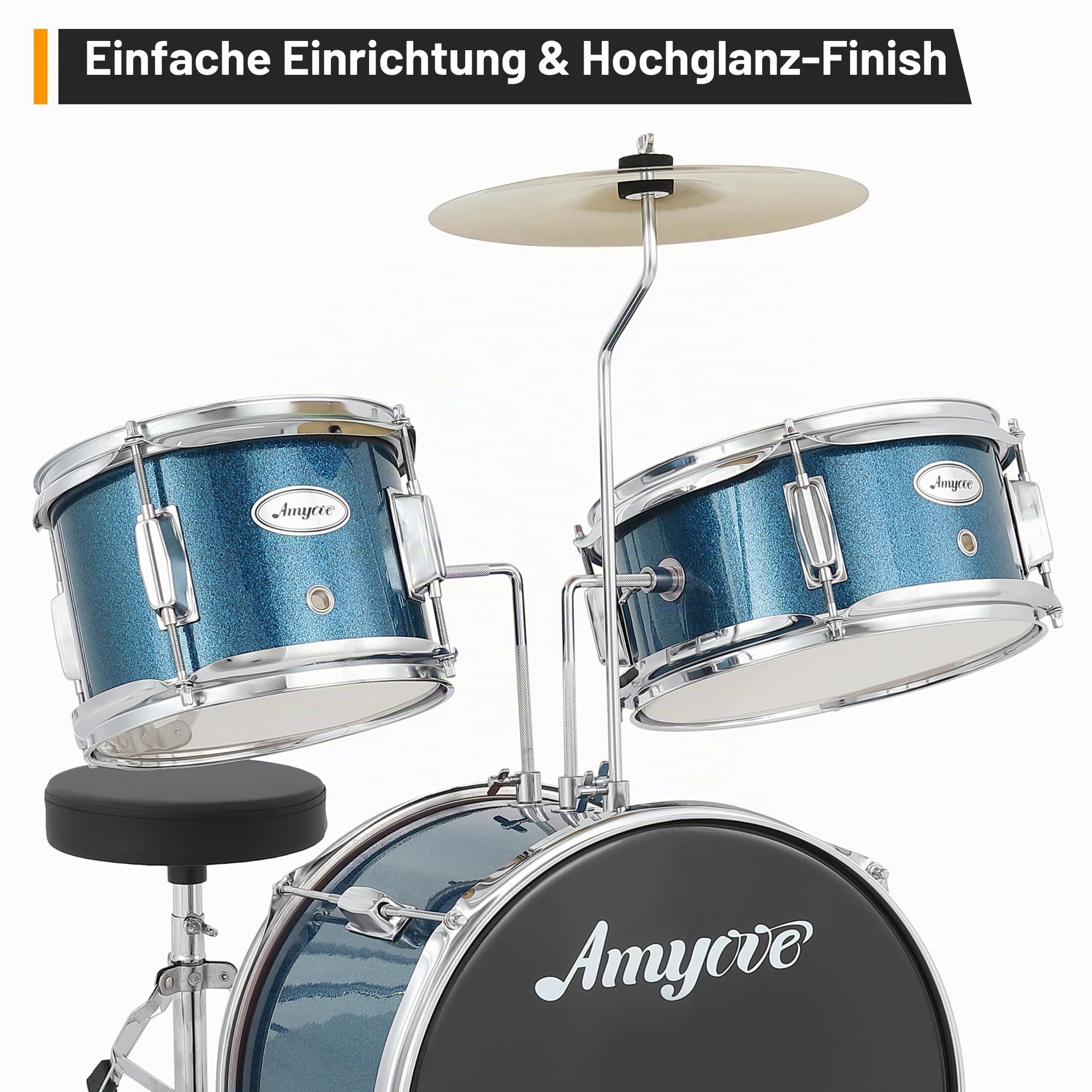 Kinder-Schlagzeug 3-Teilig Schlagzeugset – Kompaktes Schlagzeug Für Anfänger mit Bass Drum, Snare, Tom, Becken & Hocker – Hartholz & Stahl, Blau, für Konzert & Übung ab 6 Jahren