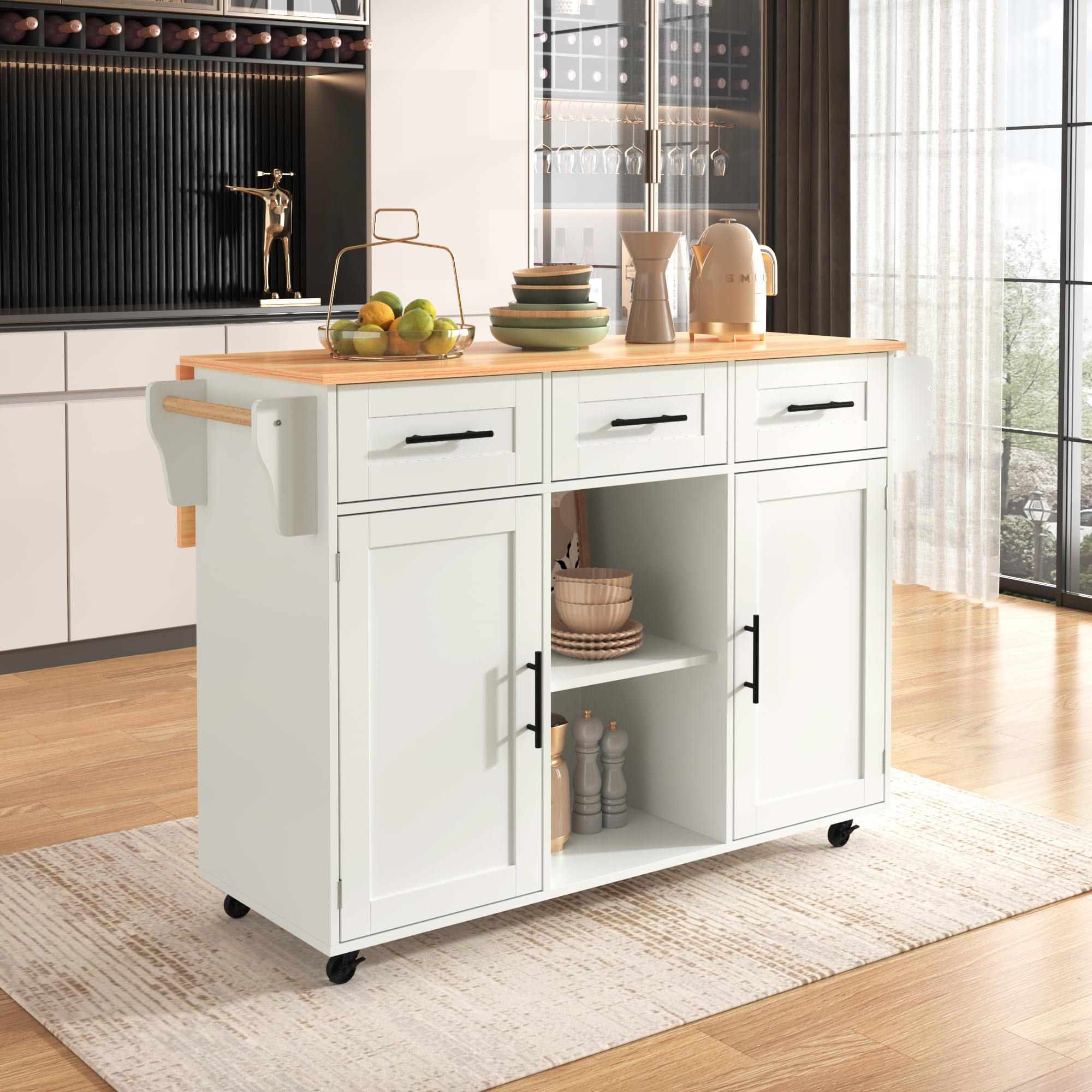 Küchenwagen, Kücheninsel Buffetschrank mit Arbeitsplatte klappbar und Rollen, Modern Küchenschrank, Servierwagen mit Verstellbares Regal, Gewürzregal und 3 Schubladen,139x46-71x91.5cm (Weiß)