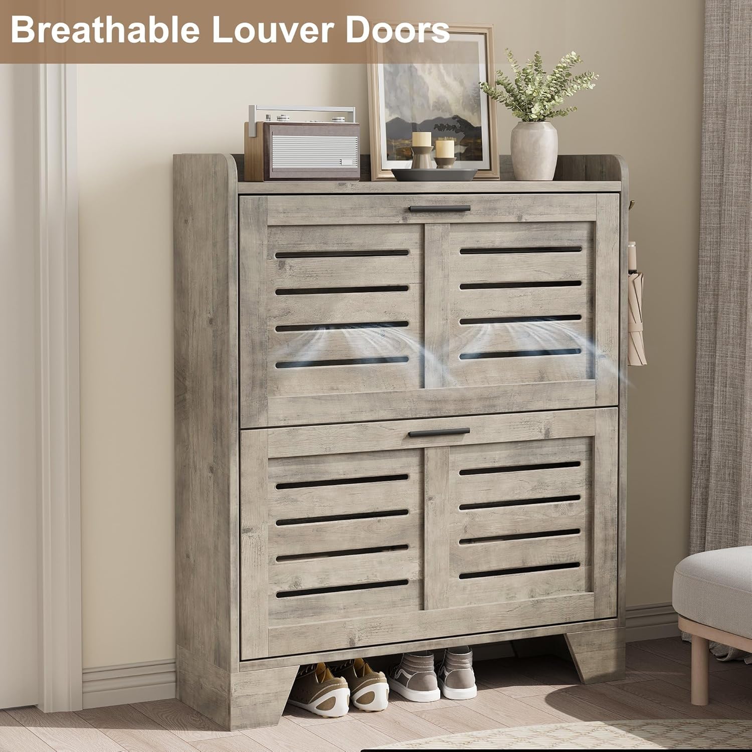 Garvee Shoe Storage Cabinet with 2 Flip Drawers, Freestanding Shoe Organizer Storage for Entryway with 2 Side Hooks, Farmhouse Hidden Slim Narrow Shoe Rack Cabinet, Gray