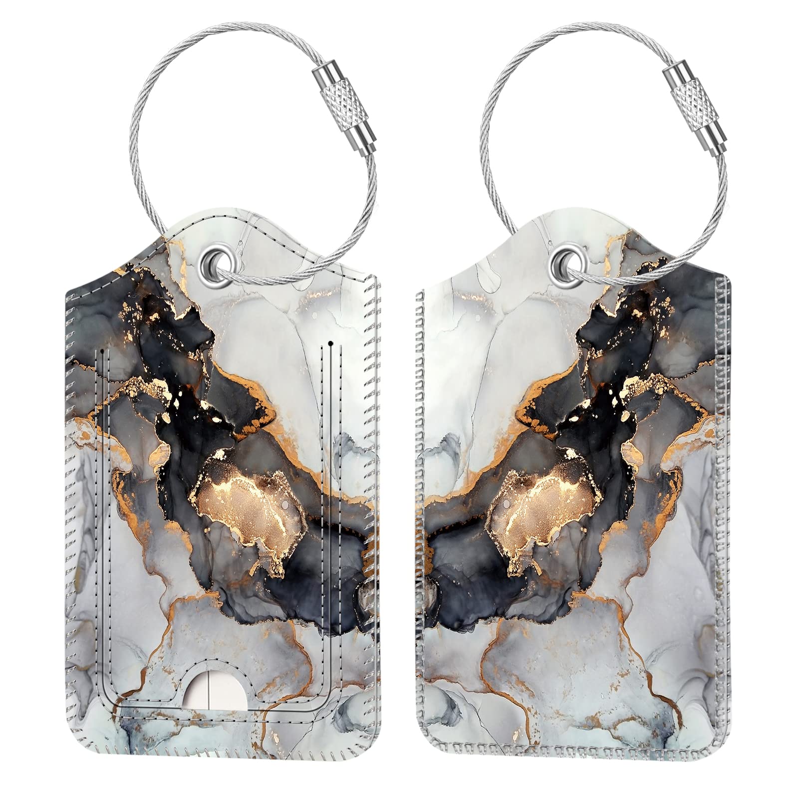 Fintie Luggage Tags, Privacy Cover ID Label with Stainless Steel Loop and Address Card for Travel Bag Suitcase - Cloudy Marble (2 Piece)