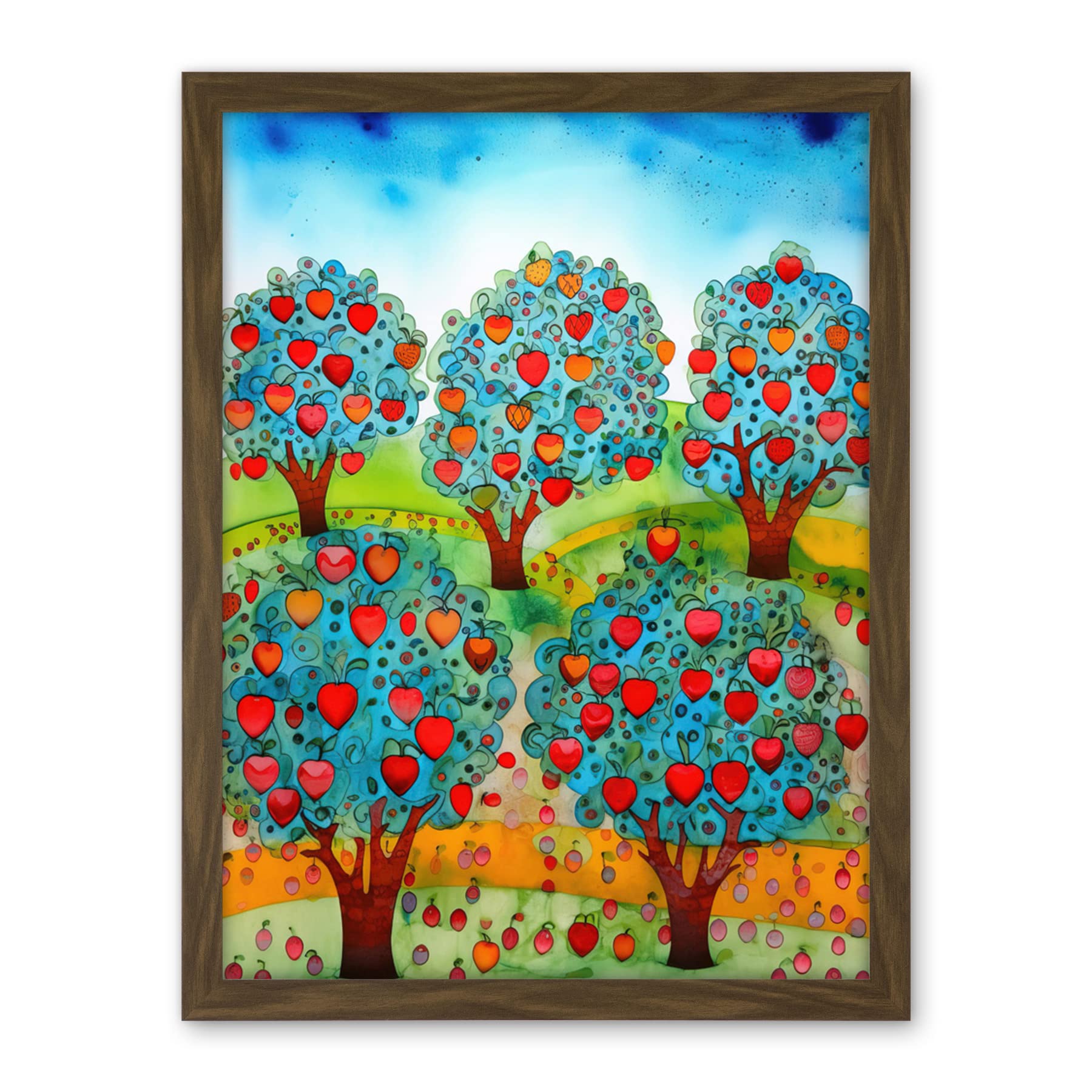 Artery8 Apple Orchard Trees Ready For Harvest Folk Art Landscape Watercolour Painting Artwork Framed Wall Art Print 18X24 Inch