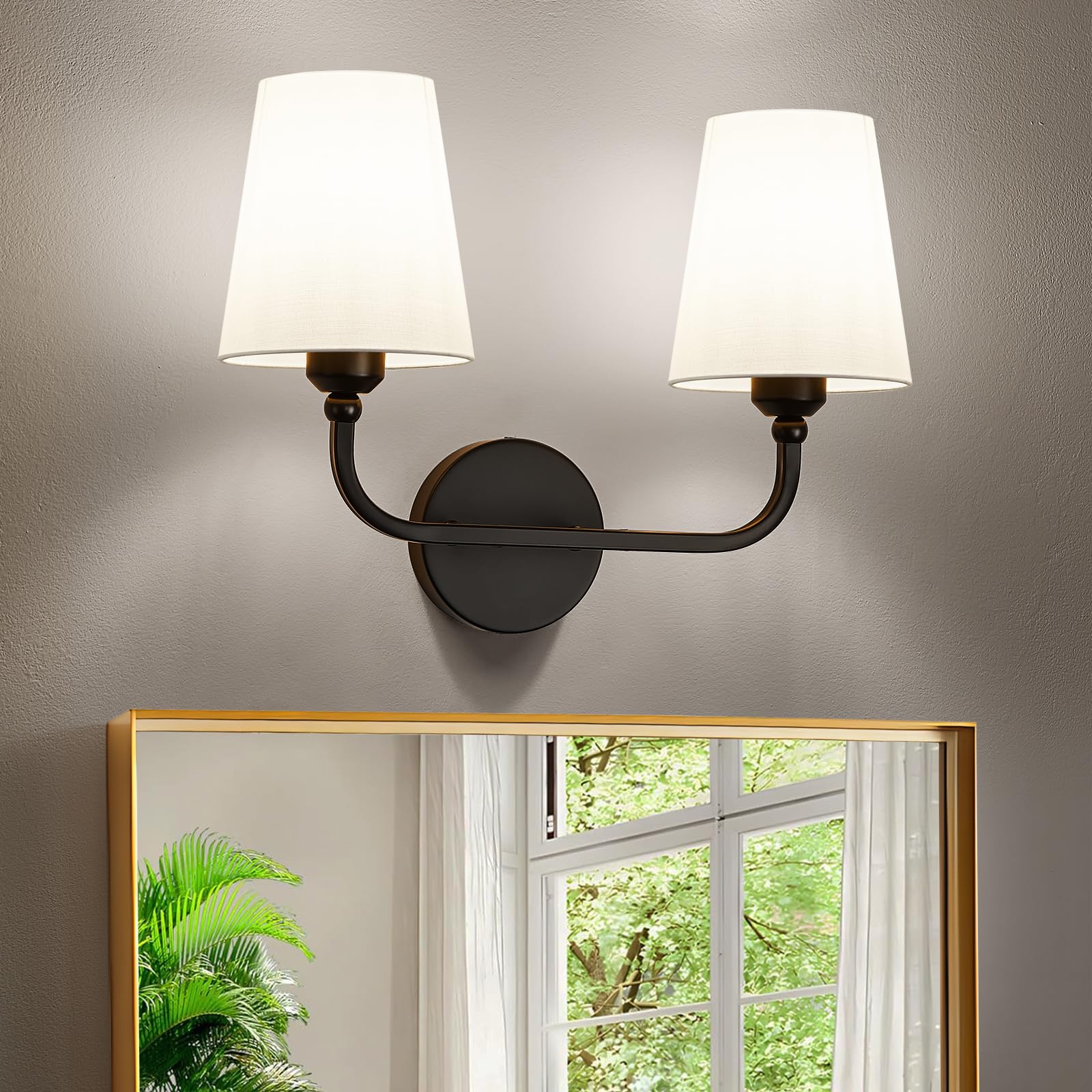 Bathroom Vanity Light, Matte Black Bathroom Light Fixtures, 2-Light Lighting Fixtures Over Miror, Modern Wall Sconce with Flared White Fabric Shade, E26 Socket(ETL Listed)