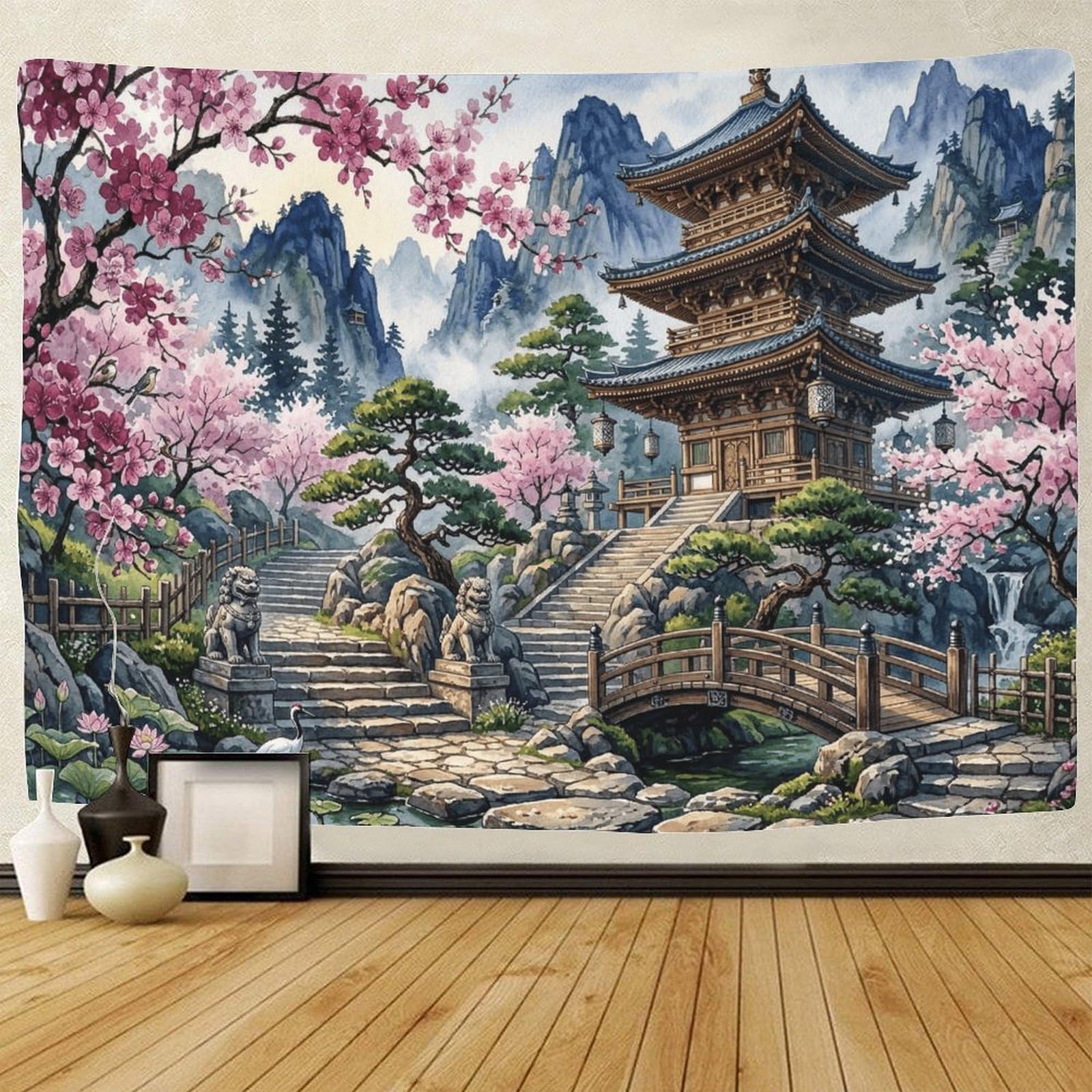GPMNBCXZK Japanese Pagoda Bedroom Home Living Room 3D Cherry Blossom Wall Hanging Tapestry Decor 100cmx150cm