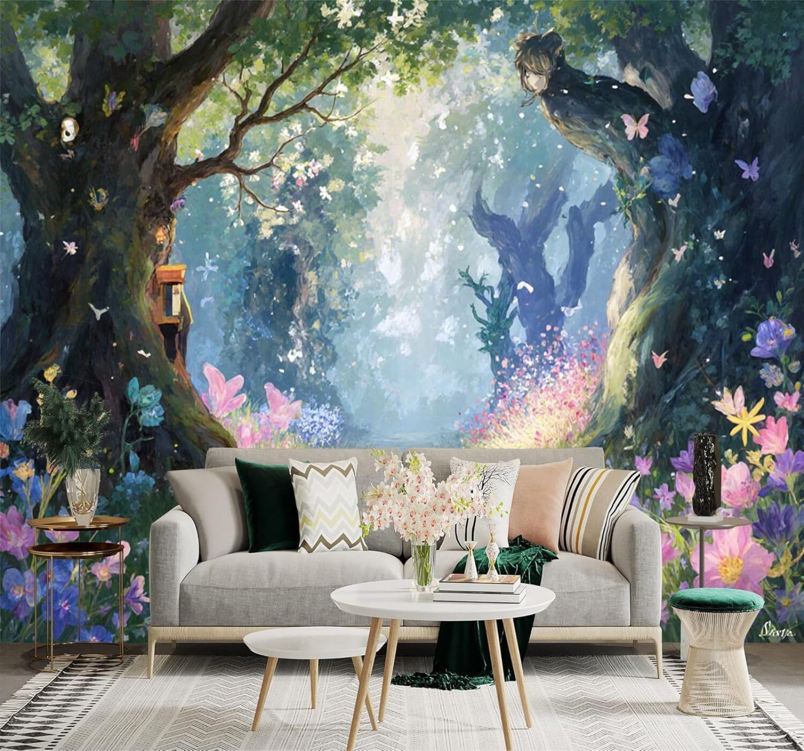 XLMING Fantasy Forest Path Flowers Butterflies Sunshine 3D Wallpaper Premium Textured Silk Study Dining Living Room Bedroom Sofa TV Wall Easy Install-250cm×170cm