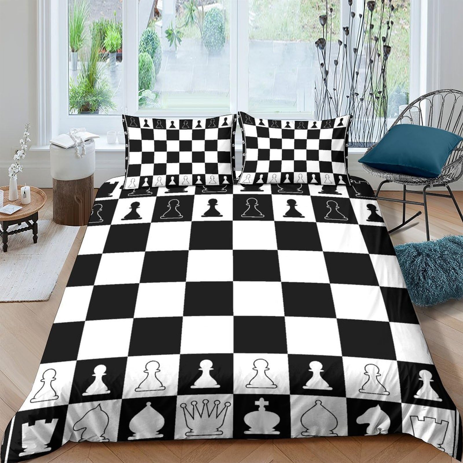 Ctjqhvkz Style-7 3D Printed Chess Board Fitted Sheet Microfiber Soft Black White Pieces Bed Sheet For Bedroom Guest Room Decor Single（135X200cm）