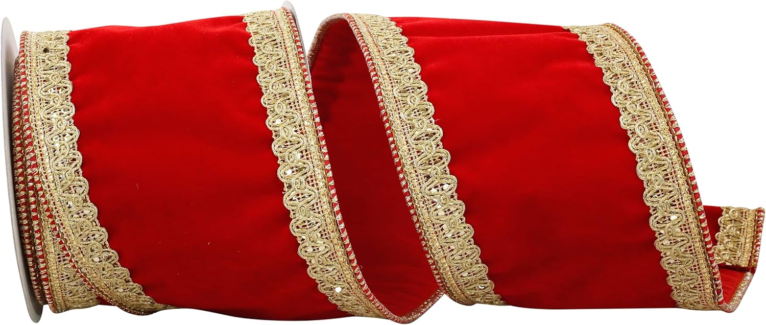 Reliant Ribbon Velvet Royalty Trim Wired Edge Ribbon, 4 Inch X 5 Yards, Red