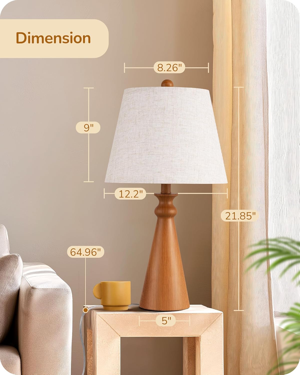 EDISHINE 21.85" Tall Table Lamp, Rustic Bedside Lamp, Water Transfer Rose Wood Grain Metal Base, Beige Linen Shade, Modern Nightstand Lamp for Living Room, Bedroom, Office, E26 Base