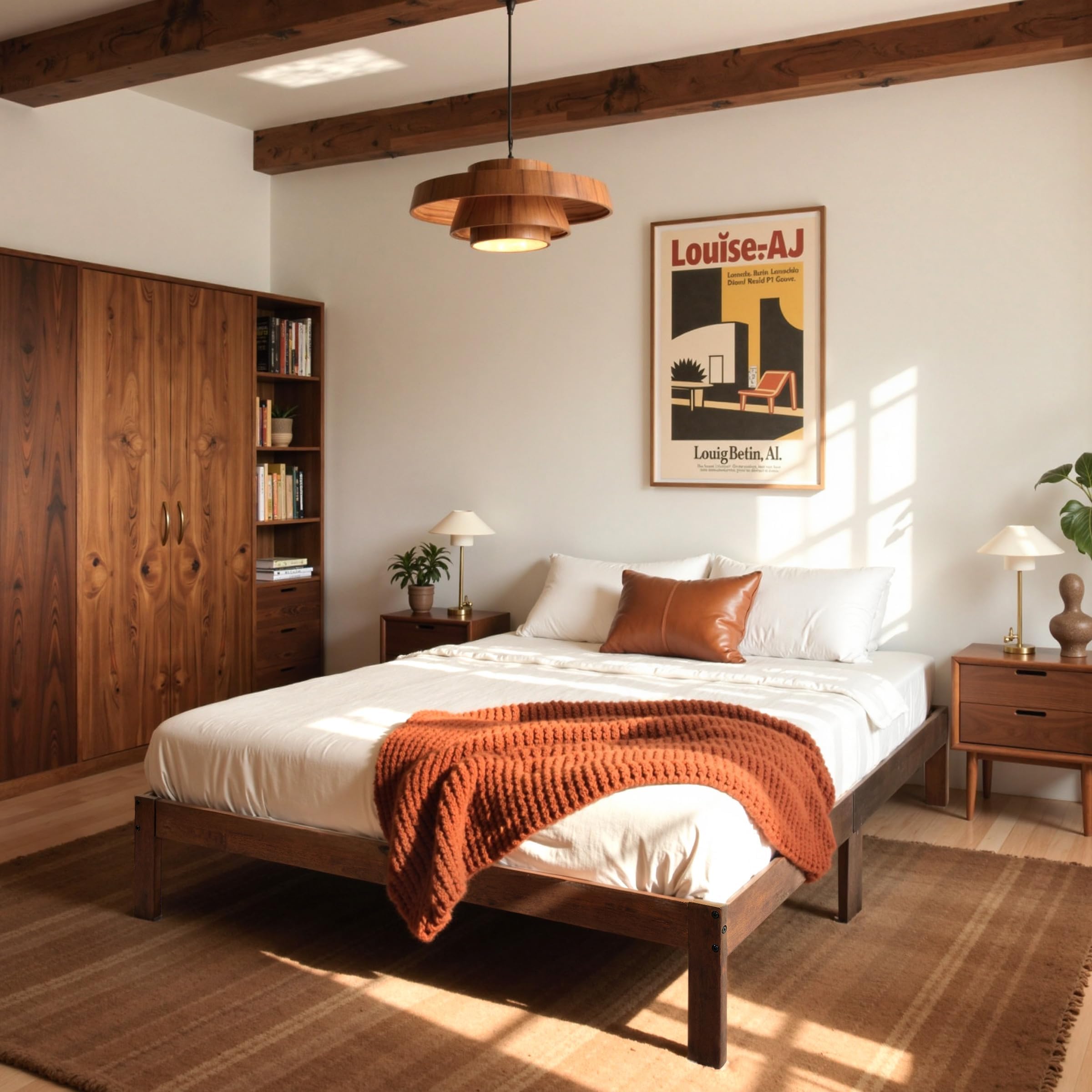 Hokway Solid Wood Bed Frame with Wood Slat Support, No Box Spring Needed, Easy Assembly, Reinforced Center Legs(Queen,Walnut Finish)