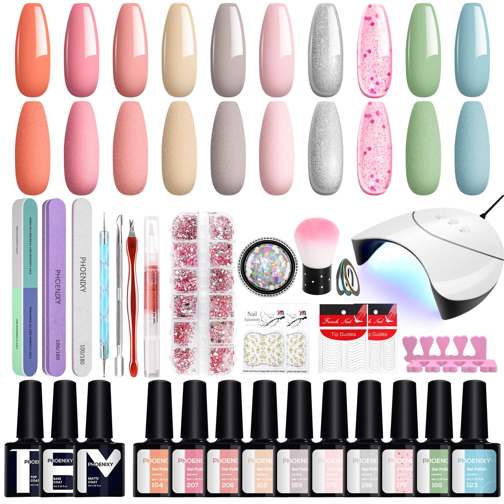 Phoenixy Kit Uñas Semipermanentes Completo 10 Colores Kit Uñas de Gel con 36W U V/LED Lámpara Arte de Uñas o Salones Kit de Manicura para Principiantes