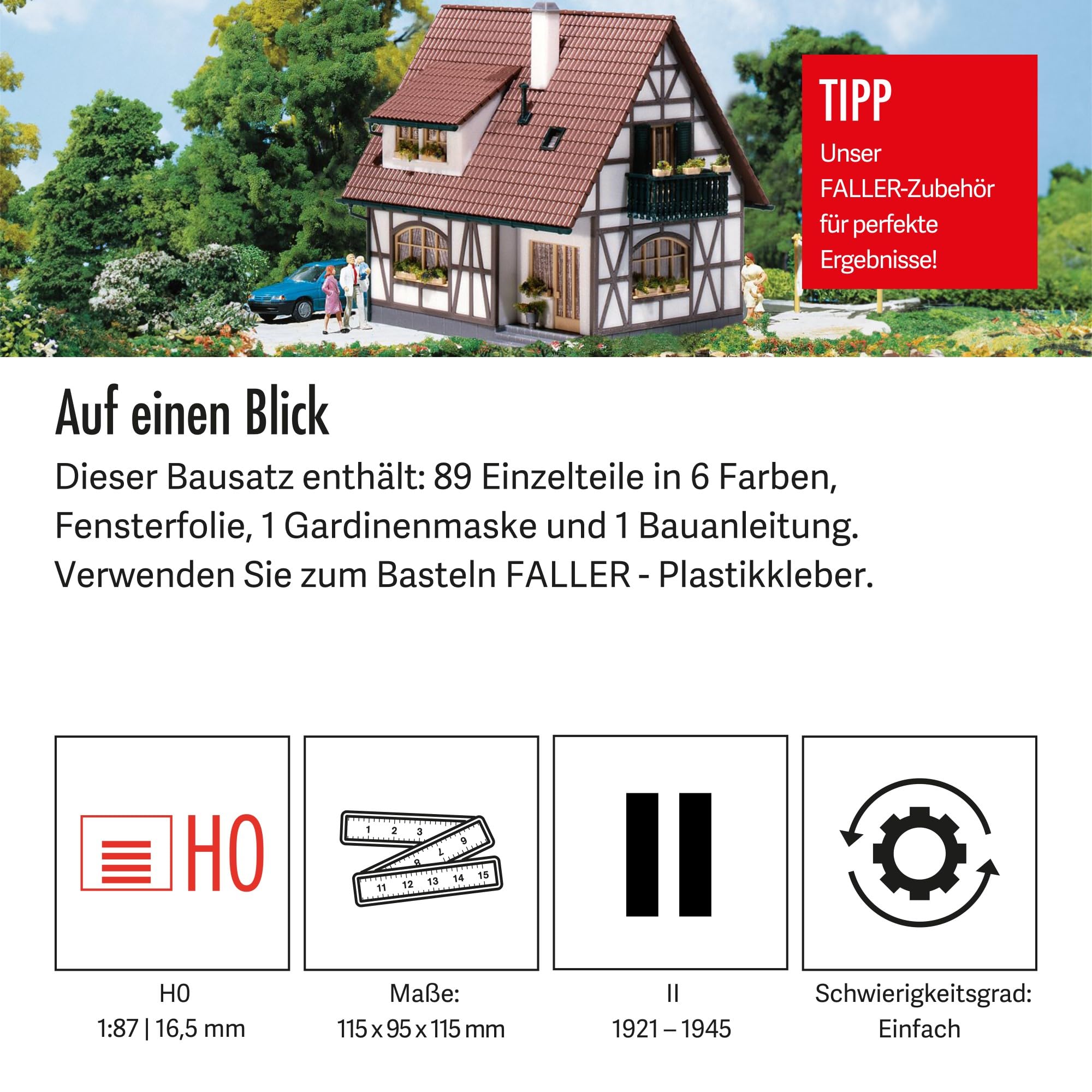 FALLER Einfamilienhaus Modellbausatz mit 89 Einzelteilen 115 x 95 x 115 mm I Modelleisenbahn Zubehör H0 I Modelleisenbahn H0 Einfamilien-Fachwerkhaus