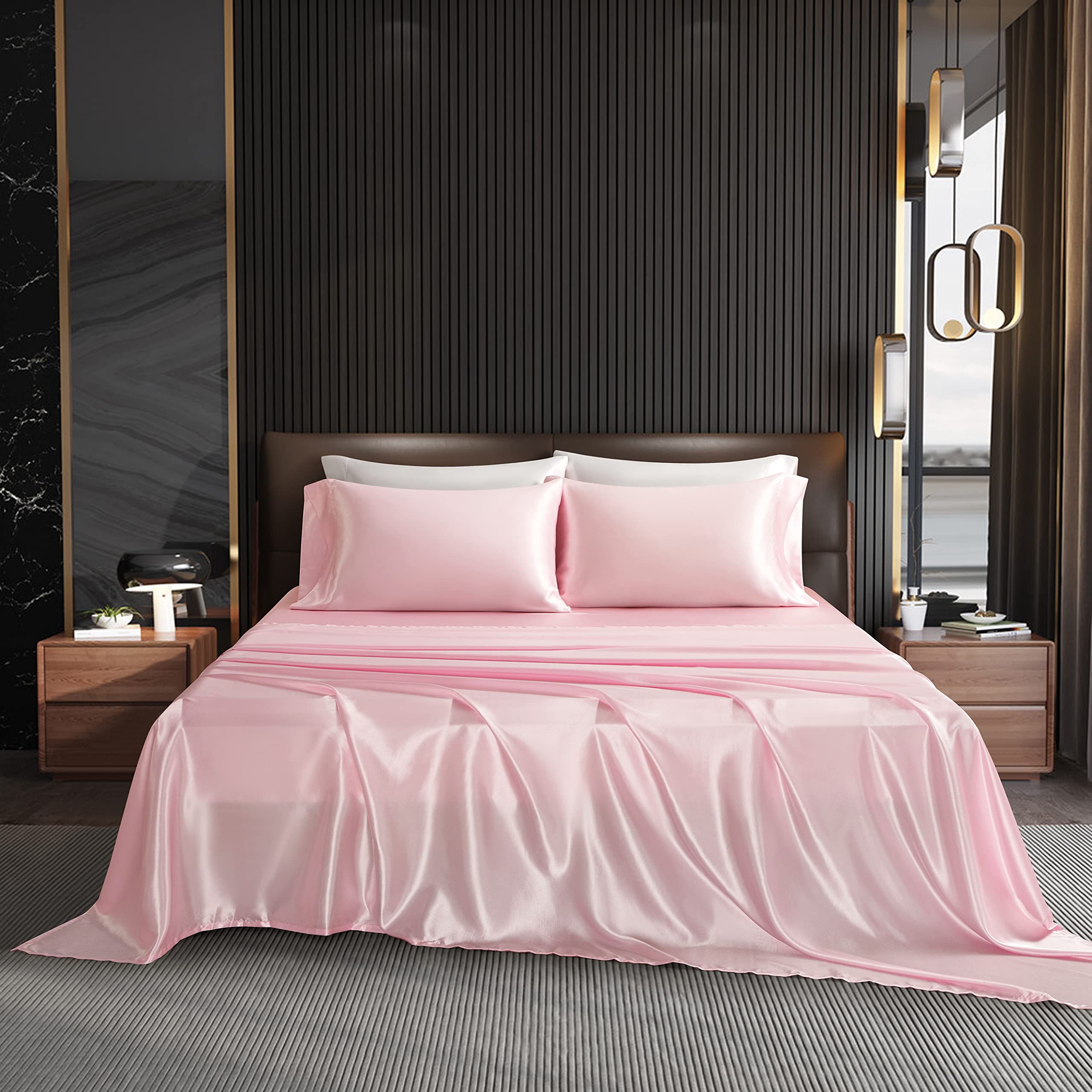 NA HommxJF 4PCS Pink Satin Sheets Queen Size Pink Silky Silk Sheets Sets Lightweight Soft Bedding Sets with 1 Flat Sheet+1 Deep Pocket Fitted Sheet+2 Pillowcases