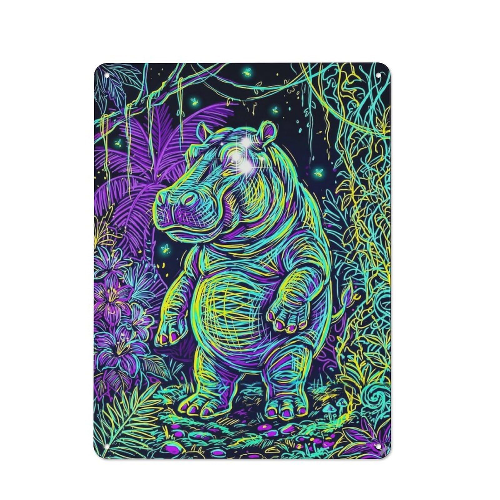 Vibrant Neon Hippo Jungle Graffiti Retro Metal Plaque 40x30cm for Living Room Or Hallway, Suited to Hallway Decor Fans