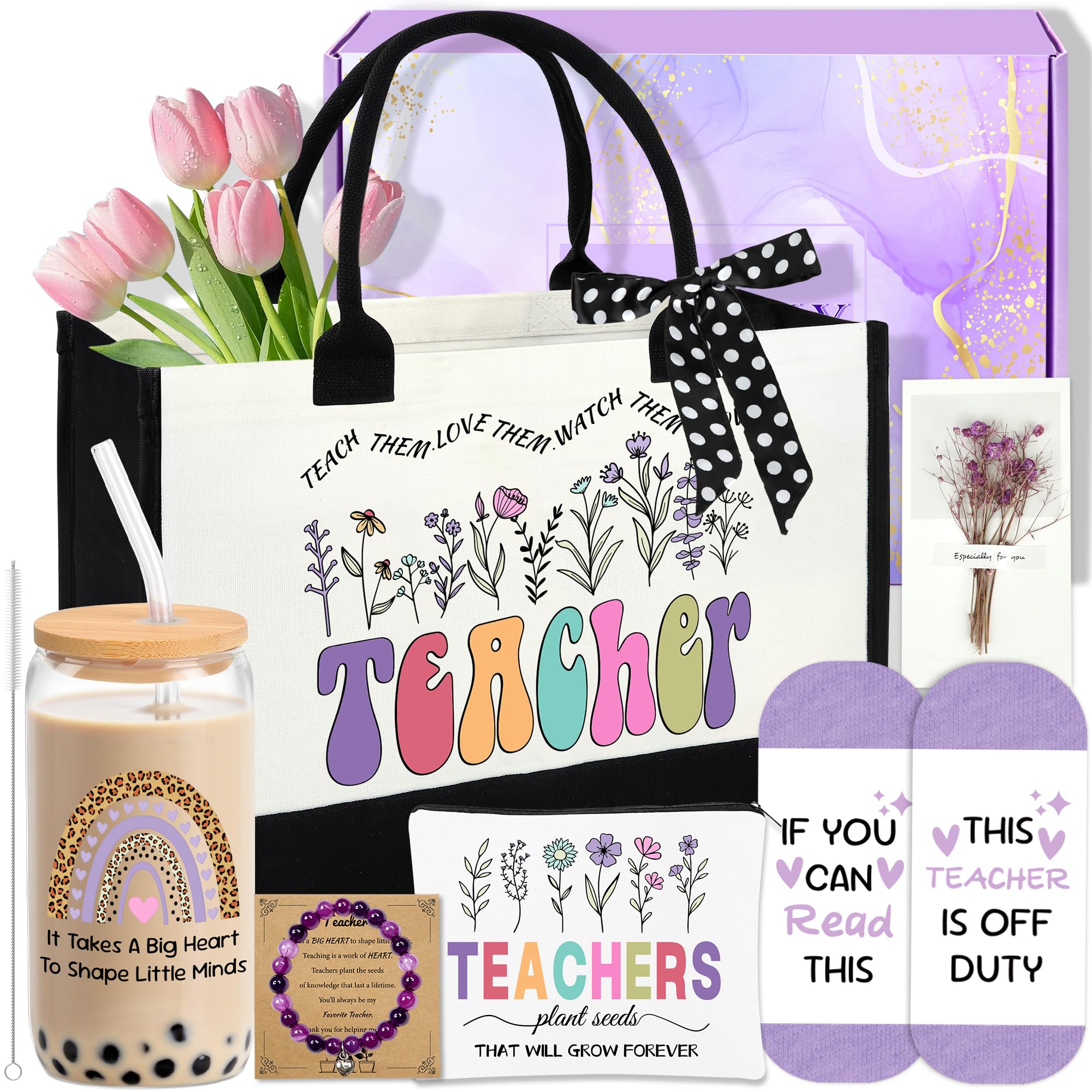 EcoUtens Teacher Appreciation Gifts Thank You Gifts for Women Teacher Thank You Baskets with Glass Cup Tote Bag Makeup Bag Bracelet