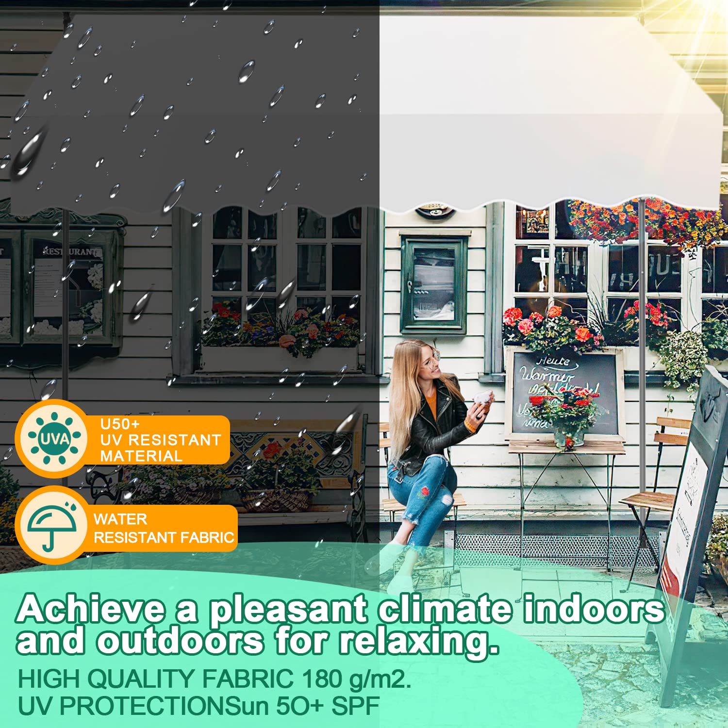 Ikodm Toldo con manivela 250 x 120 x 200-300 cm, toldo para Balcones sin Agujeros, Resistente a los Rayos UV 50 +, Altura Regulable, protección Solar, Impermeable, fácil Montaje