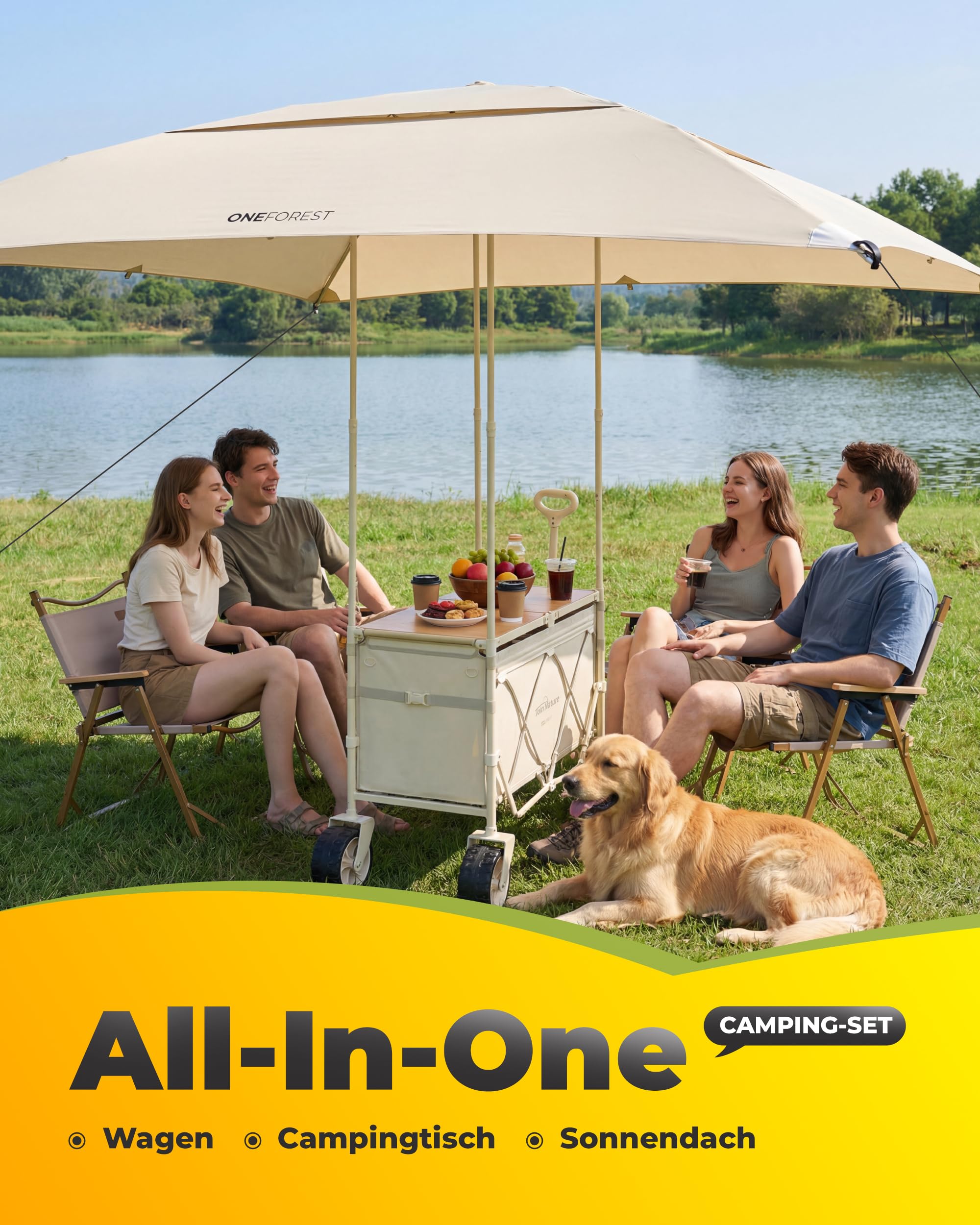 Join Nature 3-in-1 Bollerwagen Faltbar mit Camping-Tischplatte & Sonnendach, Faltbarer Bollerwagen 160L, Breite Reifen Strandwagen Klappbar für Alle Gelände Camping, Hunde, Strand, Transport