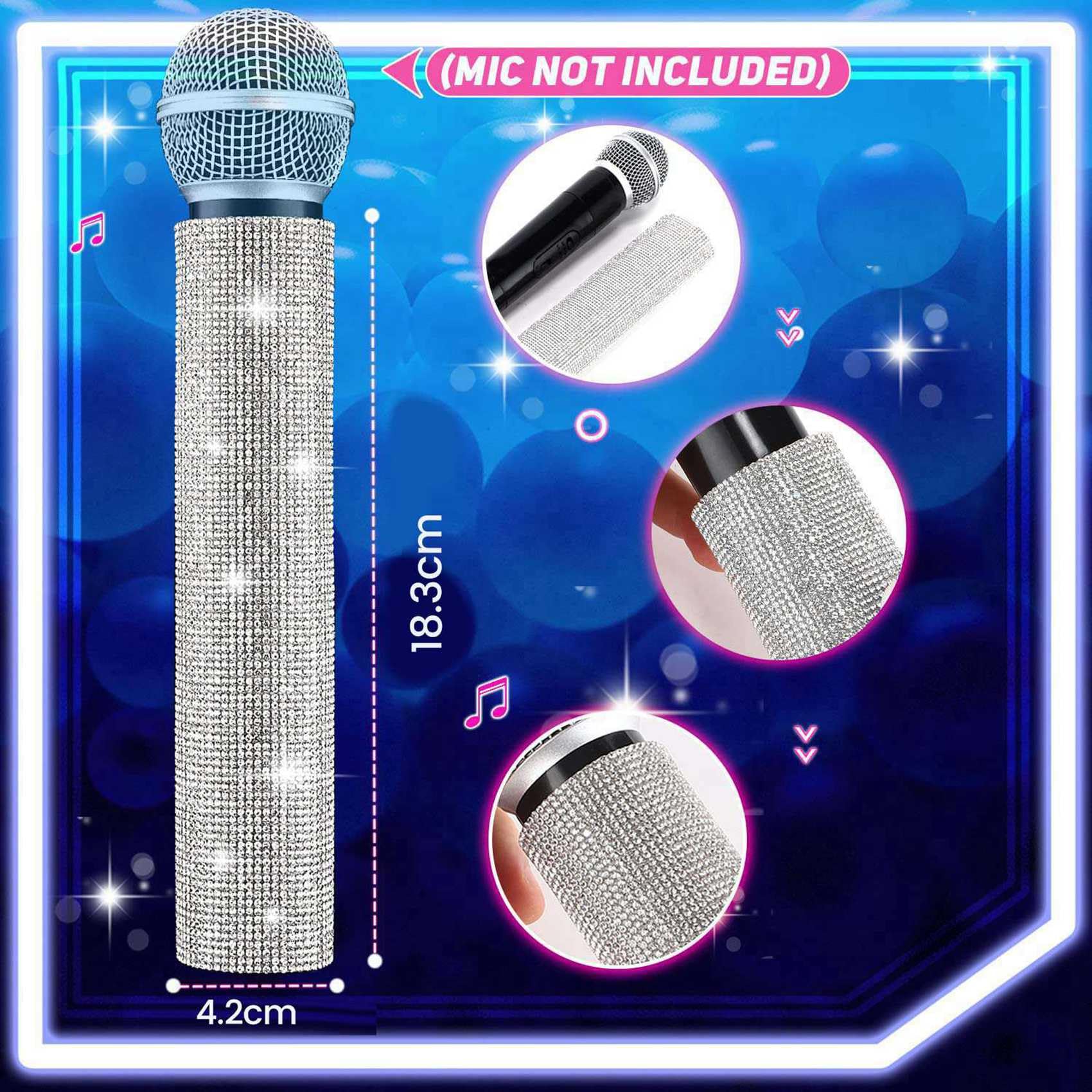 Lot de 3 housses de poignée de micro avec strass brillants pour fête et émission de télévision, pour la plupart des microphones sans fil, argenté
