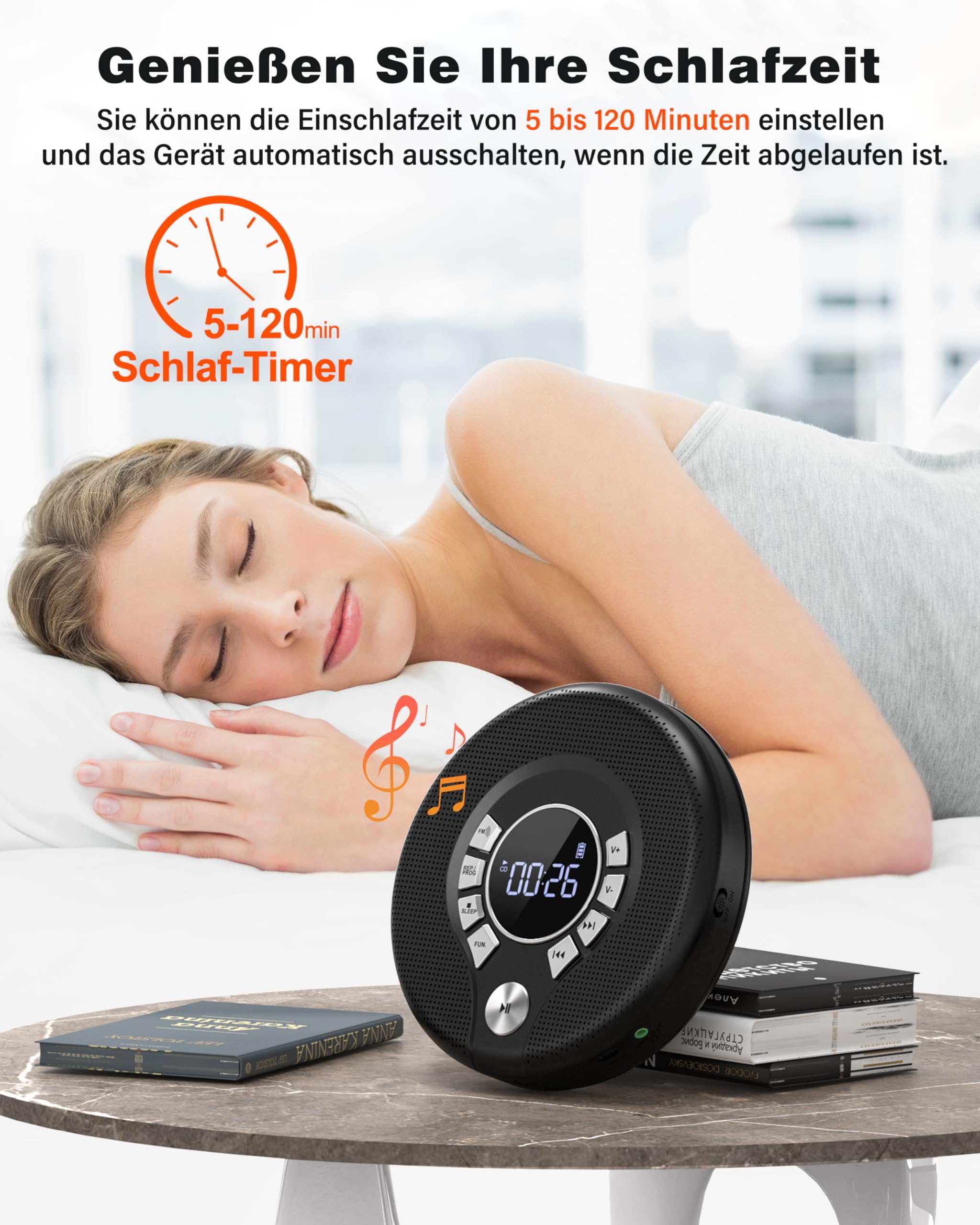 Greadio Discman - Lettore CD Bluetooth portatile con cuffie, lettore CD con anti-skip/antiurto e ricaricabile da 2000 mAh, trasmettitore FM compatibile, USB, uscita AUX, doppio altoparlante HiFi per
