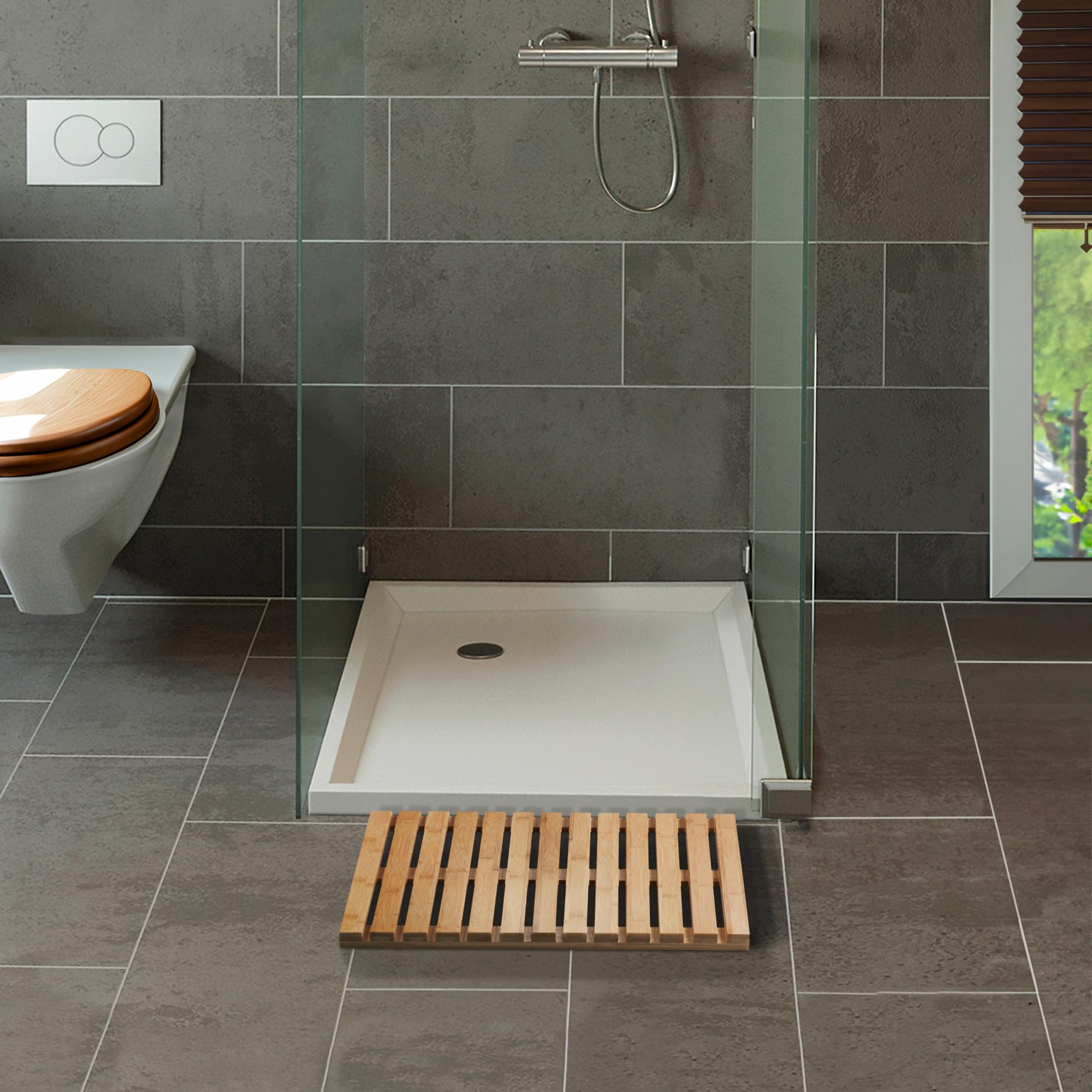 WENKO Caillebotis Douche Bois, Tapis Bambou Salle de Bain, Marron, 40x60 cm