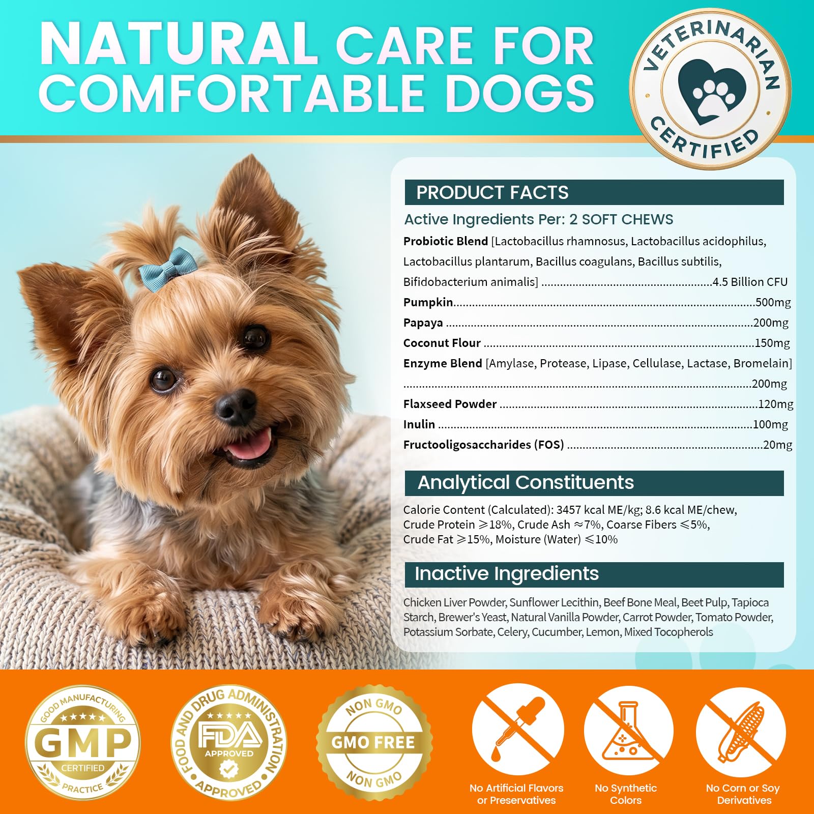 Carmelie Probiotiques pour chiens, 200 probiotiques digestifs et enzymes pour la santé intestinale avec citrouille, fibres pour chiens, anti-diarrhée, maux d'estomac, soulagement des gaz