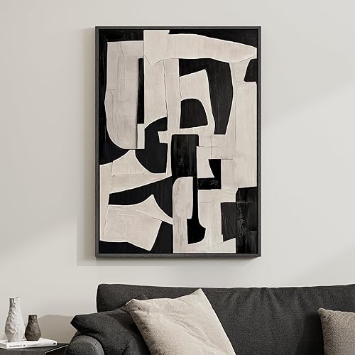 Framed Neutral Abstract Wall Art, Modern Black and Beige Canvas Prints Paintings Artwork for Walls, Minimalist Black White Pictures for Living Room, Hallway, Dining Room, Bedroom Wall Decor 24x36 In
